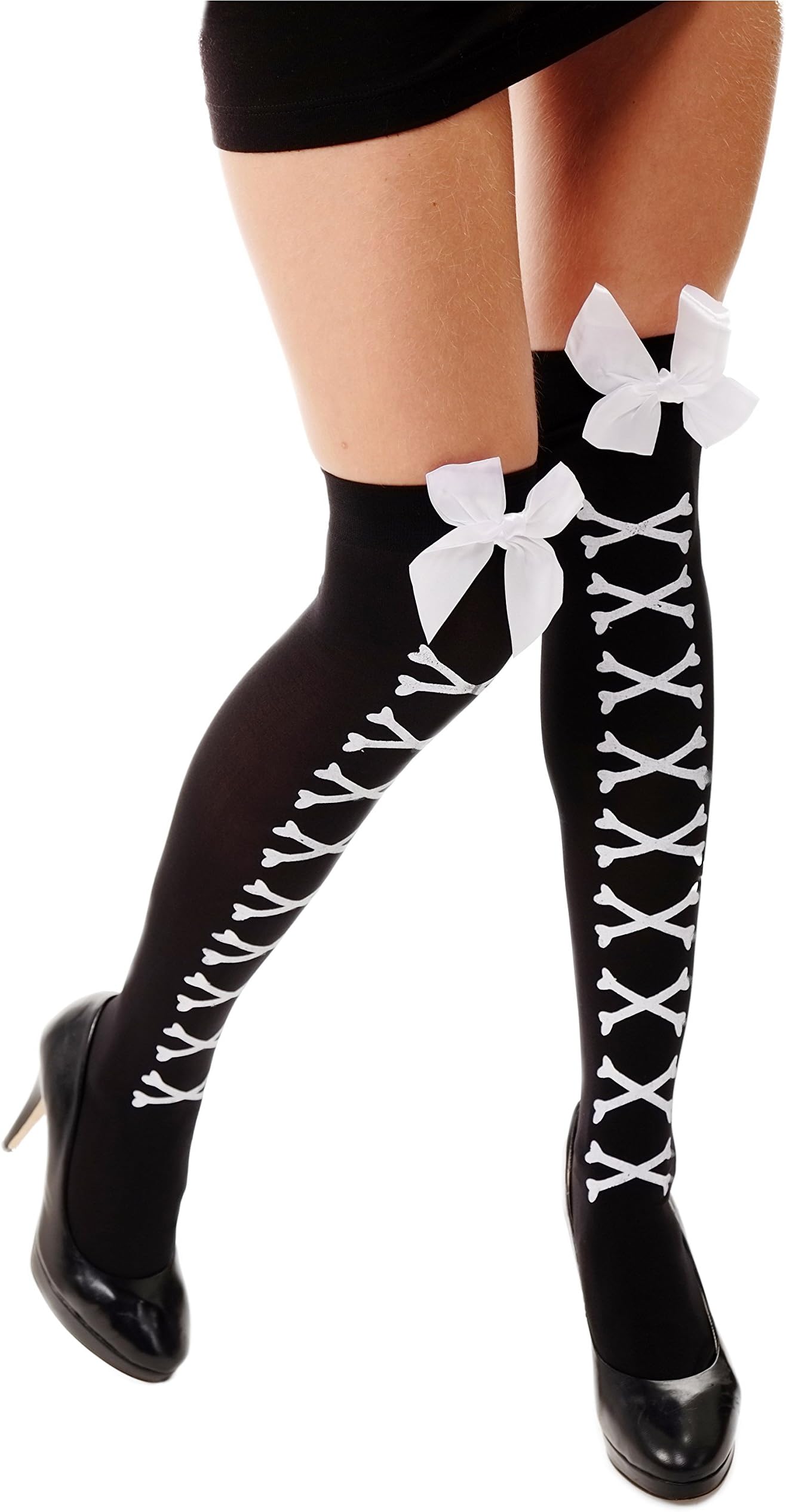 Dress Me UpZ168 Lady's Stockings thigh-hIgh overknee Carnival Halloween black white bones ribbons Gothic, Black-and-white, Onesize
