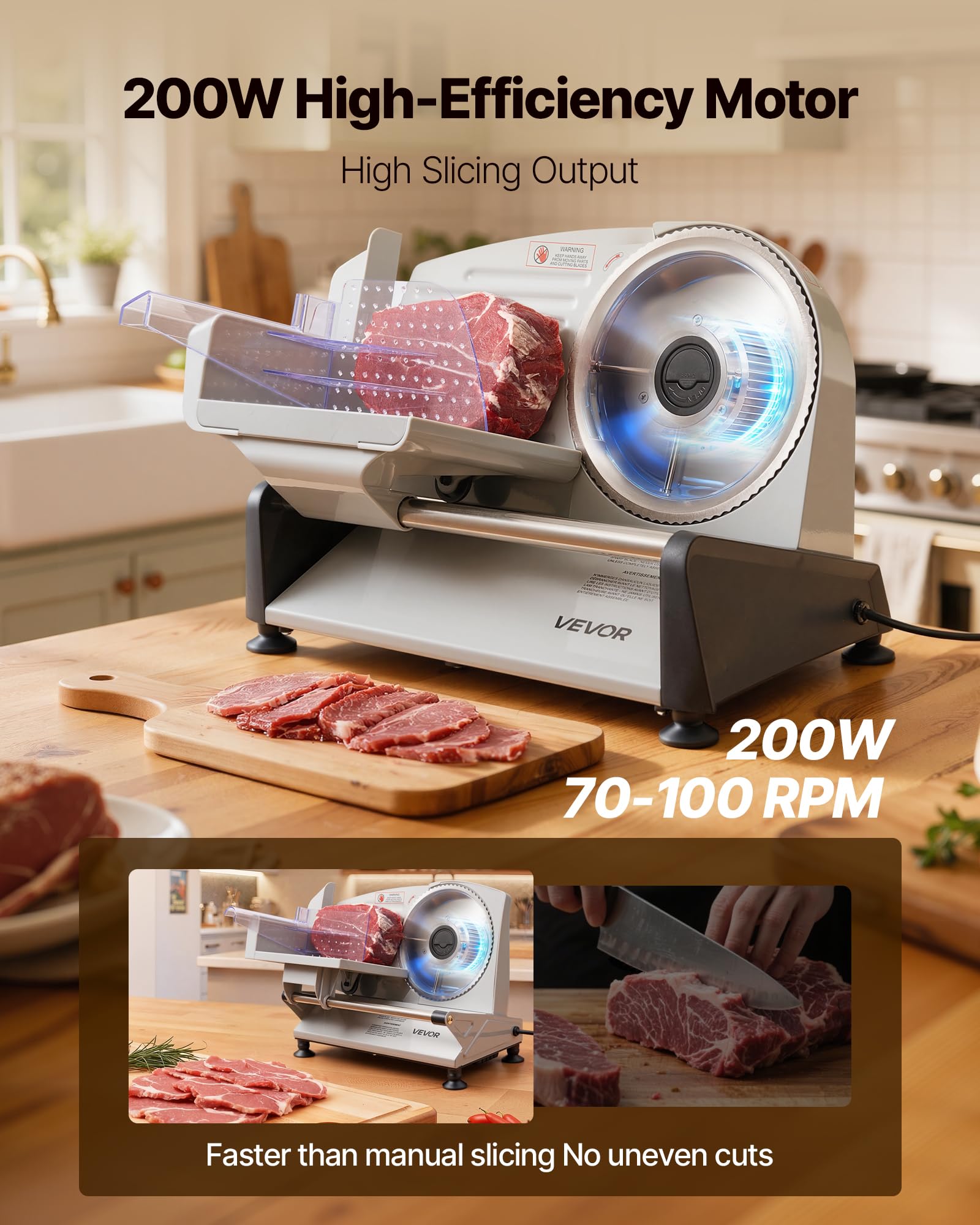 VEVOR Cortafiambres Eléctrico 200 W, Cortadora de Fiambre con Cuchilla Afilada de 190 mm, Velocidad de Corte de 70 a 100 RPM, Grosor Ajustable de 0 a 15 mm, para Carne Congelada, Jamón, Baguette