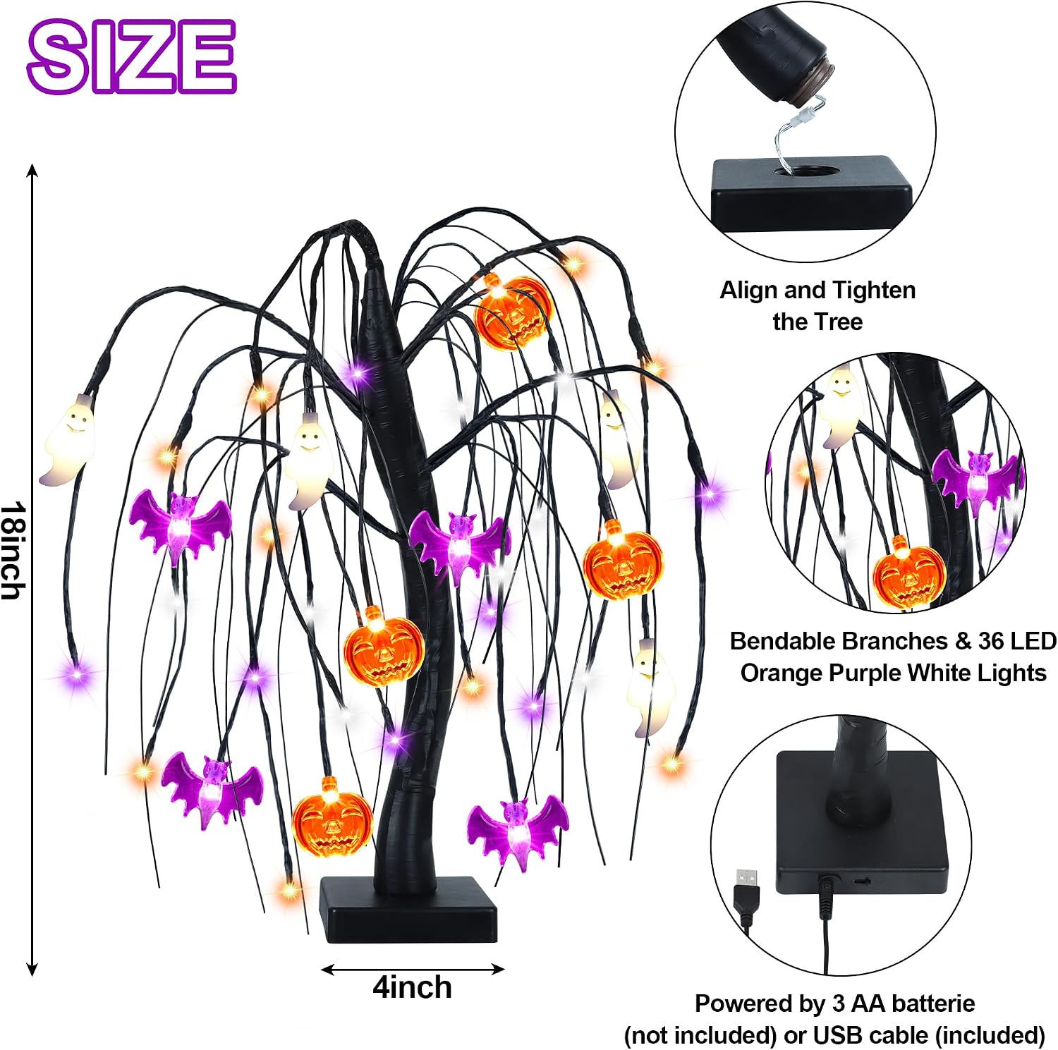 Halloween Table Decorations 18 Inch 36 LED Halloween Willow Tree with Pumpkin Bat Ghost Lights, Timer/USB/Battery Operated Black Halloween Tree Spooky Halloween Decorations Indoor Home Party Room Gift