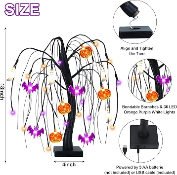 Halloween Table Decorations 18 Inch 36 LED Halloween Willow Tree with Pumpkin Bat Ghost Lights, Timer/USB/Battery Operated Black Halloween Tree Spooky Halloween Decorations Indoor Home Party Room Gift