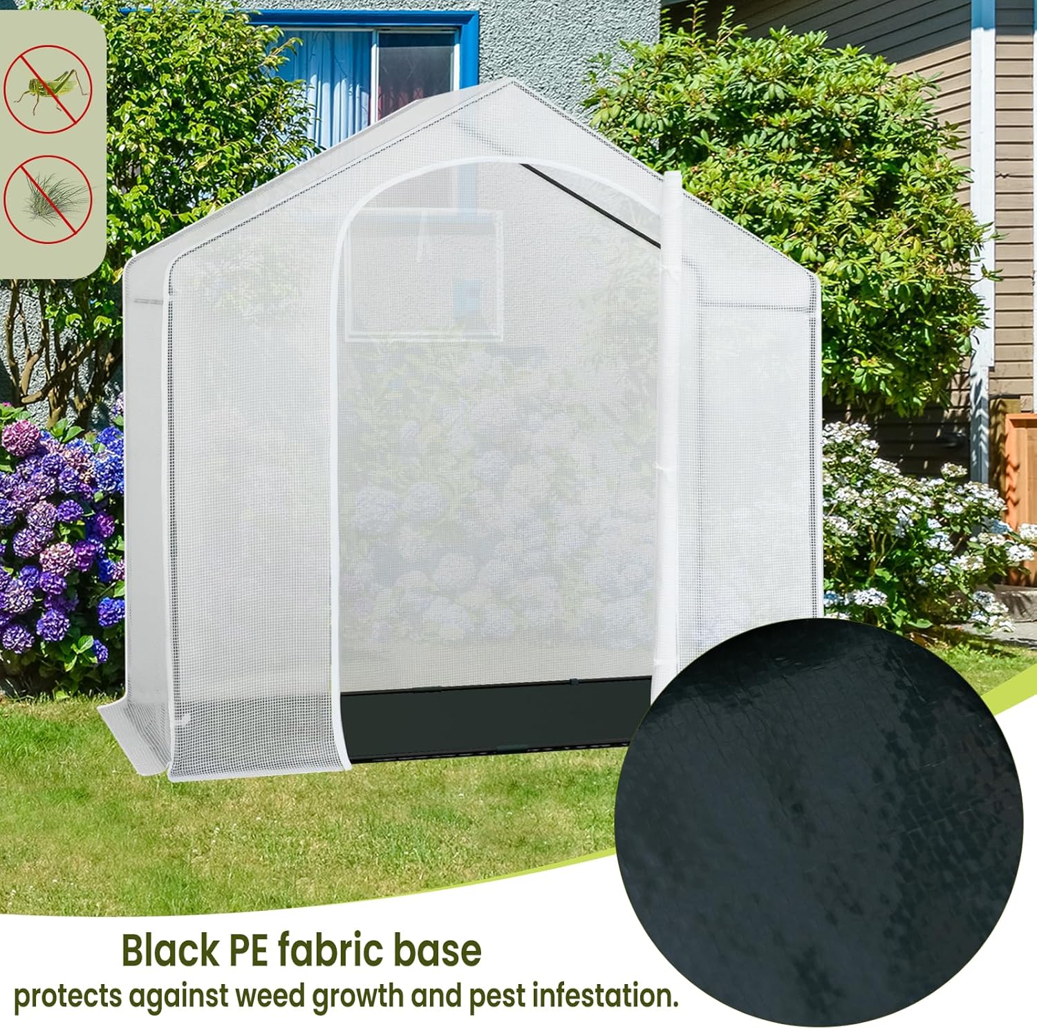 Image highlighting the black PE fabric base of the greenhouse, with text indicating its function in protecting against weed growth and pest infestation.