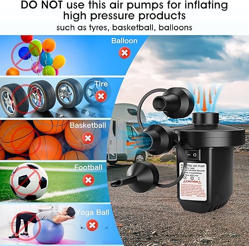 Miniatura 6 de Bomba de aire eléctrica para inflables, bomba de aire portátil con 3 boquillas, bomba de colchón de aire de llenado rápido de 5 Kpa, bomba de aire