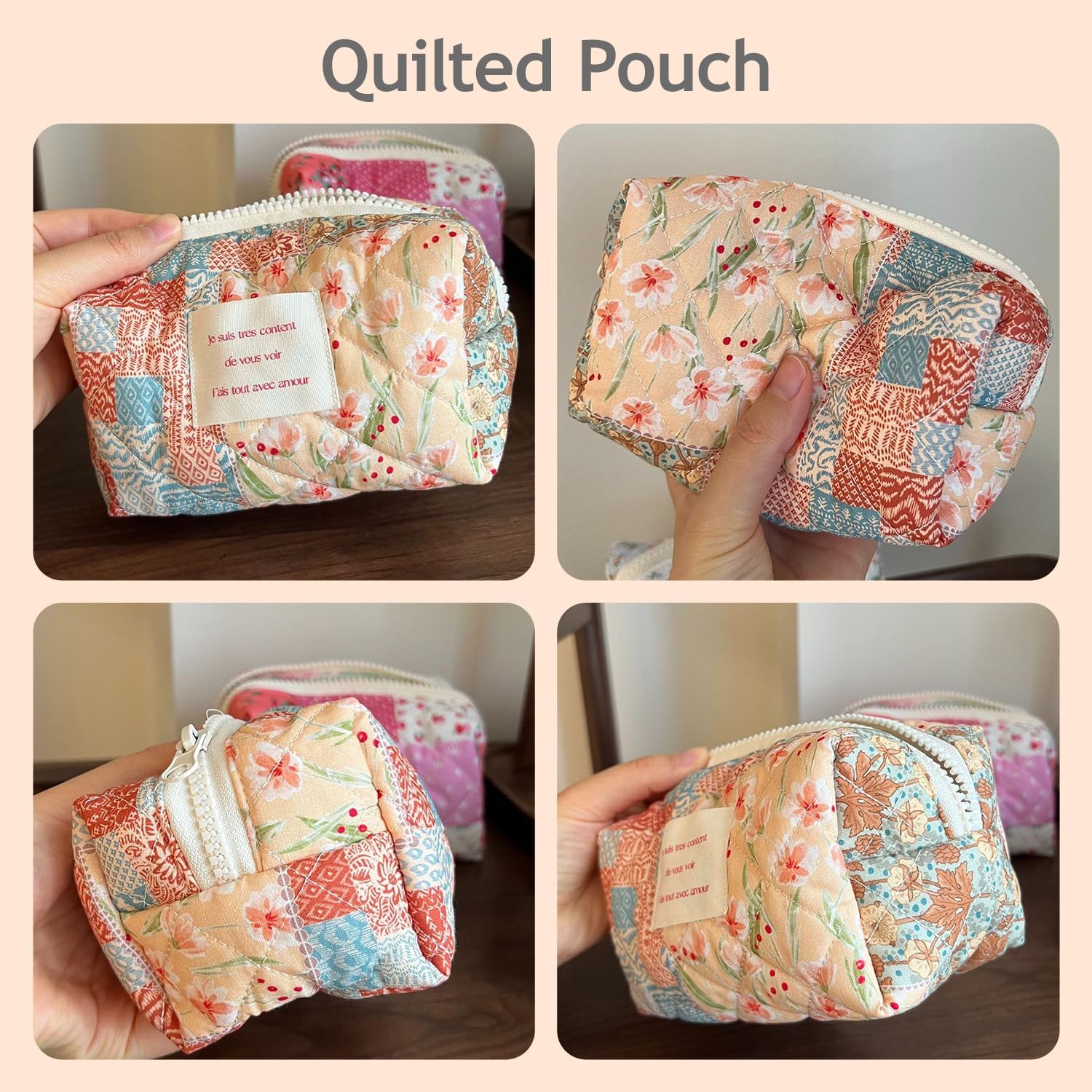 Sminra Small Floral Makeup Bag for Purse, Quilted Cosmetic Zipper Pouch image 5