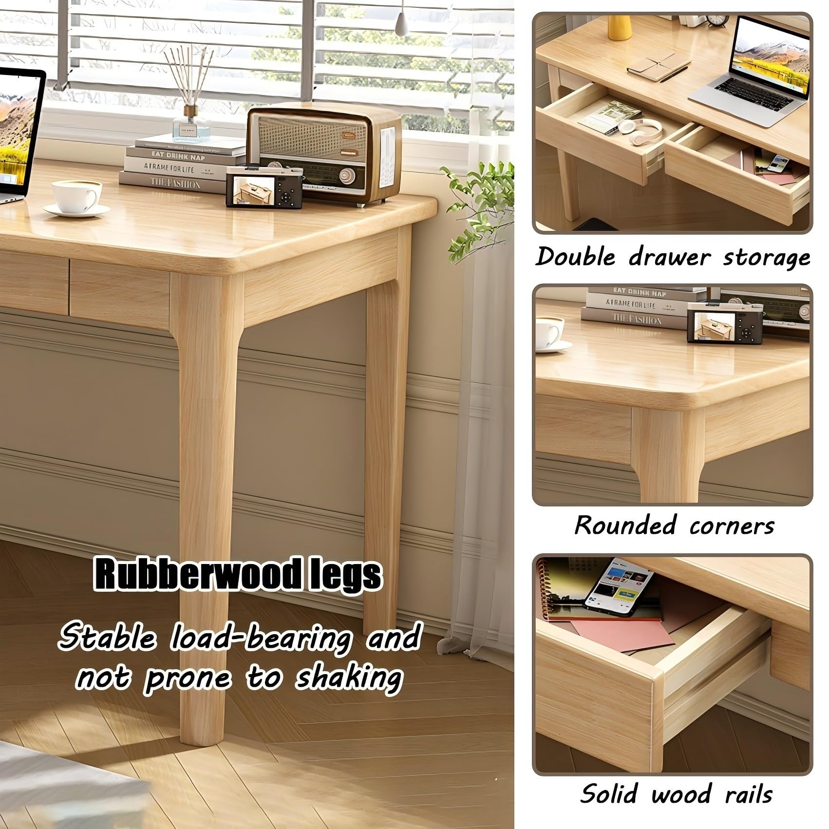 Moderner Schreibtisch aus Massivholz mit Ders, perfekt für kleine Schlafzimmer oder Arbeitszimmer, einfache Montage, Holzfarbe, 100 cm