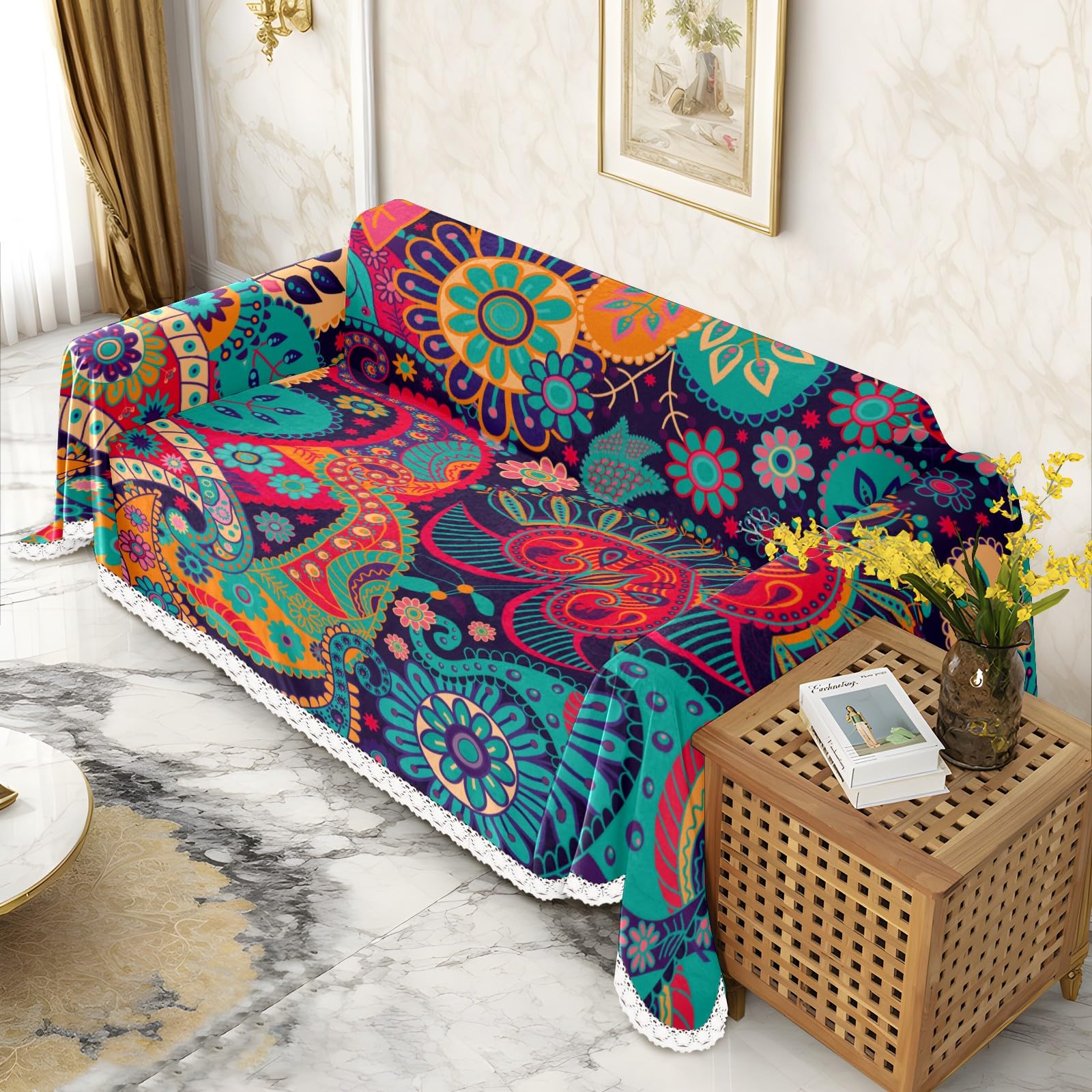 MSINMKOK Colorful Ethnic Floral Paisley Sofa Covers Washable Sectional 3 Seater Covers for Sofa Couch Throw Covers Sofa Slipcover Pet Dogs Sofa