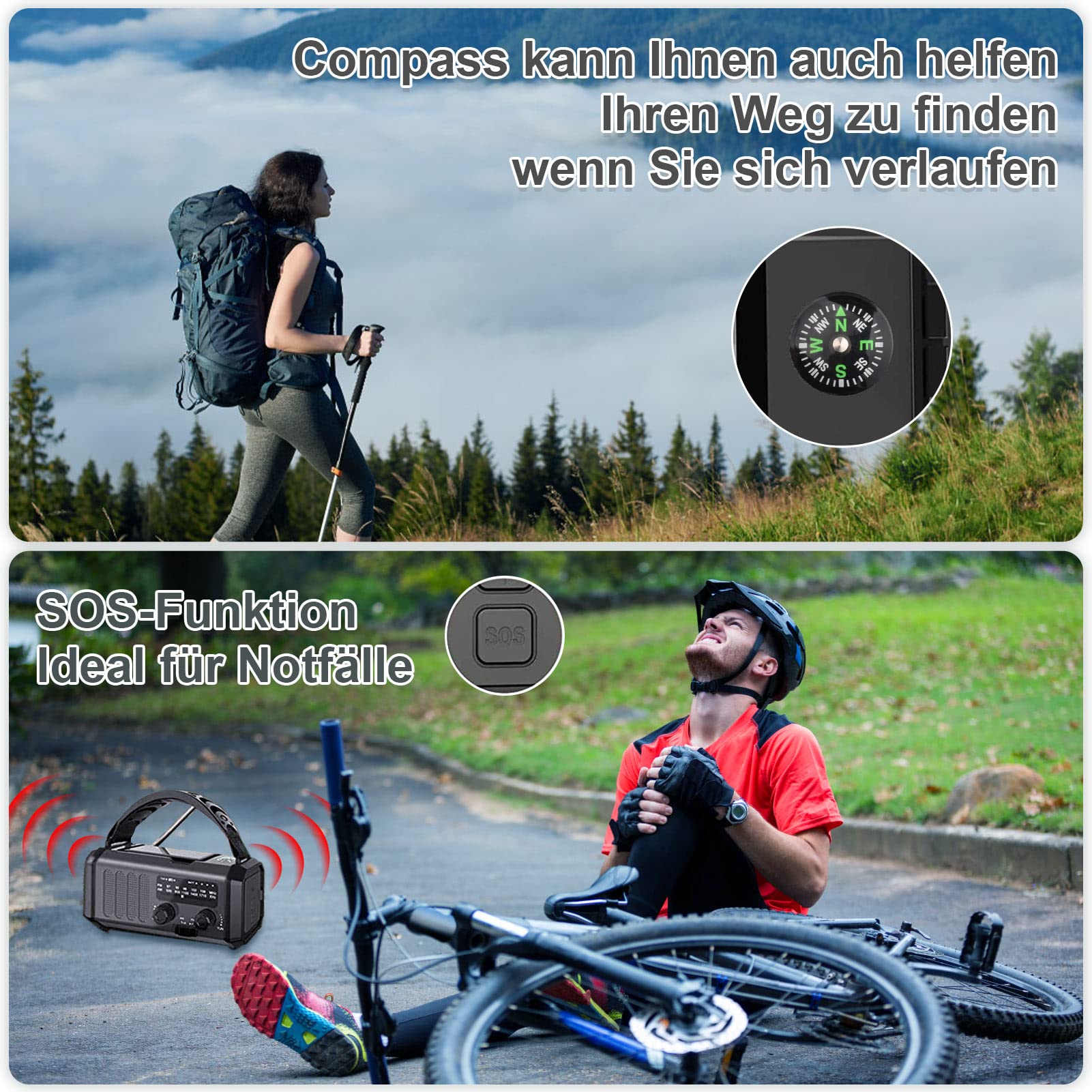 YIKANWEN Radio a ghirlanda con 20000 mAh batteria ricaricabile, radio solare portatile, radio di emergenza con dinamo AM/FM, power bank, lampada da campeggio LED, allarme SOS, bussola (nero)