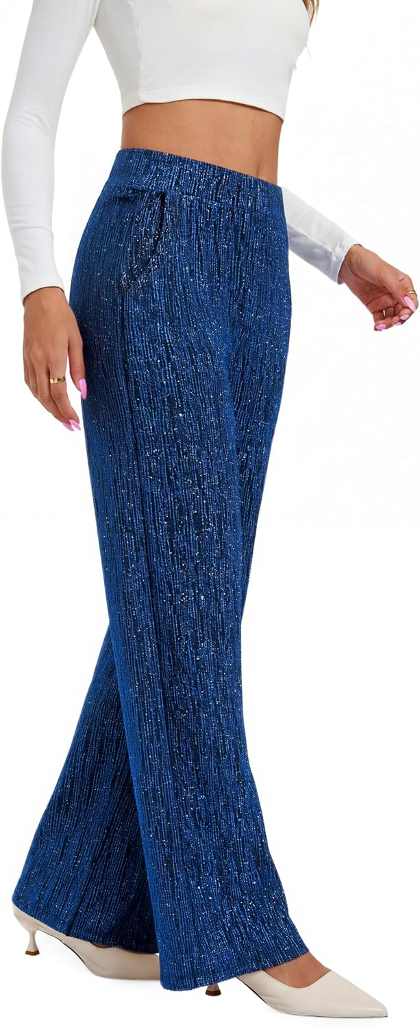 KICZOY Womens 2026 Sparkle Wide Leg Pants High Waisted Shiny Party Trousers | Womens Stretchy Palazzo Pants with Sparkling Gold Thread & Glitter Texture,Shimmer Metallic,for Evening Club Wedding Guest