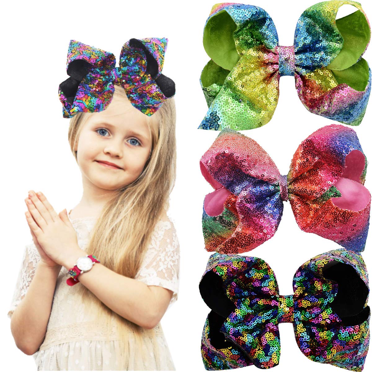 Large 8 Inch Hair Bows for Girls Sparkly Glitter Sequin Hair Bows Alligator Hair Clips Rainbow Hair Bows for Girls Toddlers Kids Teens Senior Pack Of 3