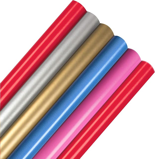 Wrapping Paper Bundle for Any Occasion from Hallmark - 6 Plain Rolls in 5 Colours,Blue,Gold,Red,Pink,Silver