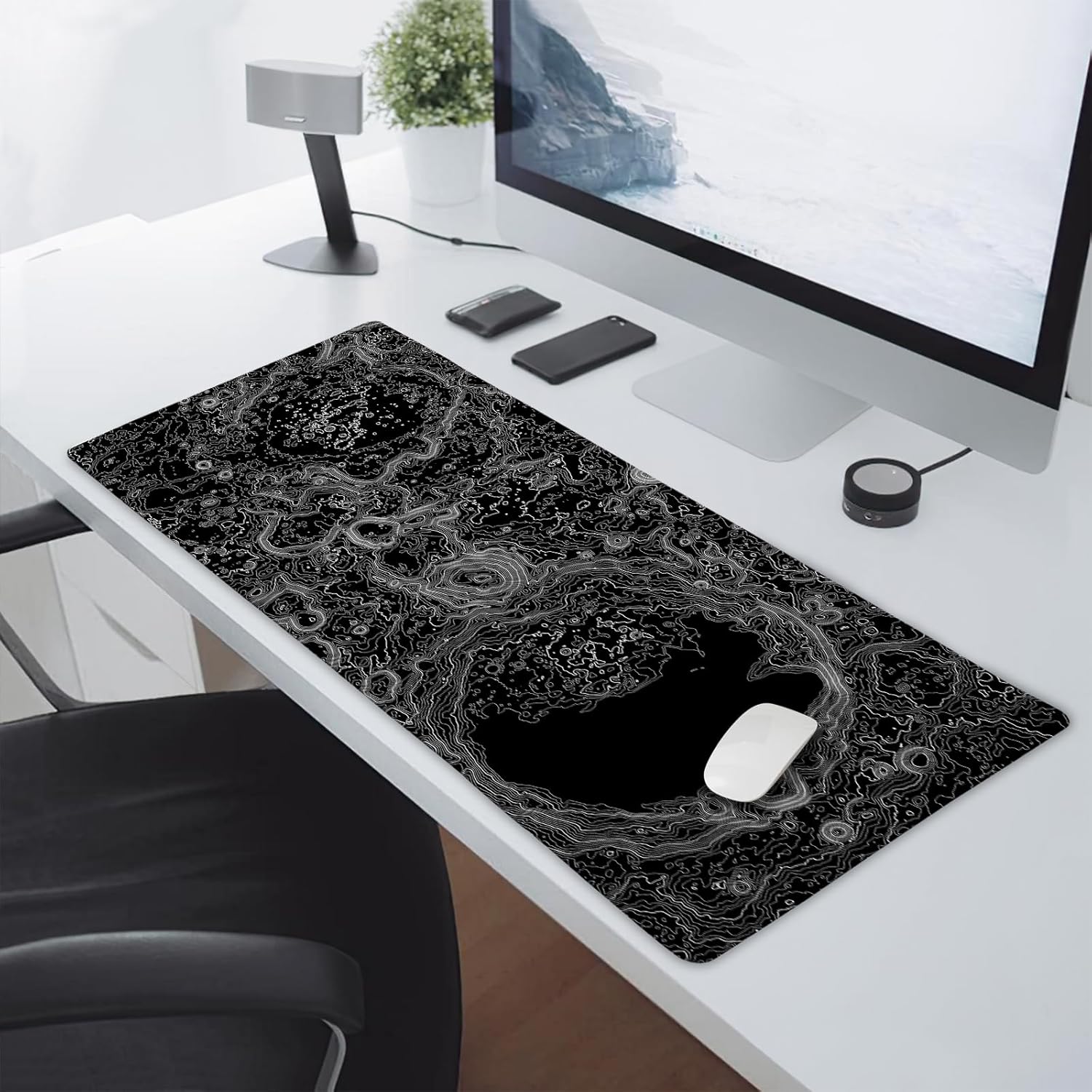 Black Whtie Topographic Gaming Mouse Pad 3XL Topo Moon Relief Map Extended Large Mat Mousepad Desk Pad Non-Slip Rubber Base Stitched Edge Long Mousepad for Desktop Office Desk, 47.2x23.6 in,120x60cm