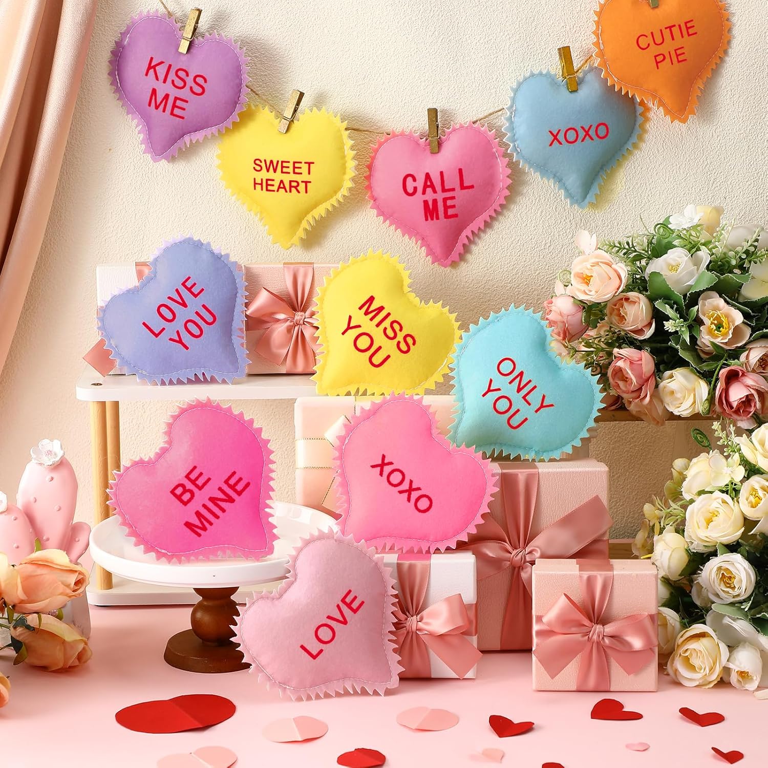 Patelai 12 Pcs Valentine's Day Decorations Heart Vase Filler Felt Ornaments Conversation Stuffed Fabric Hearts Valentines Tiered Tray Decor Hanging Ornaments for Party DIY Crafts(Lovely Style)