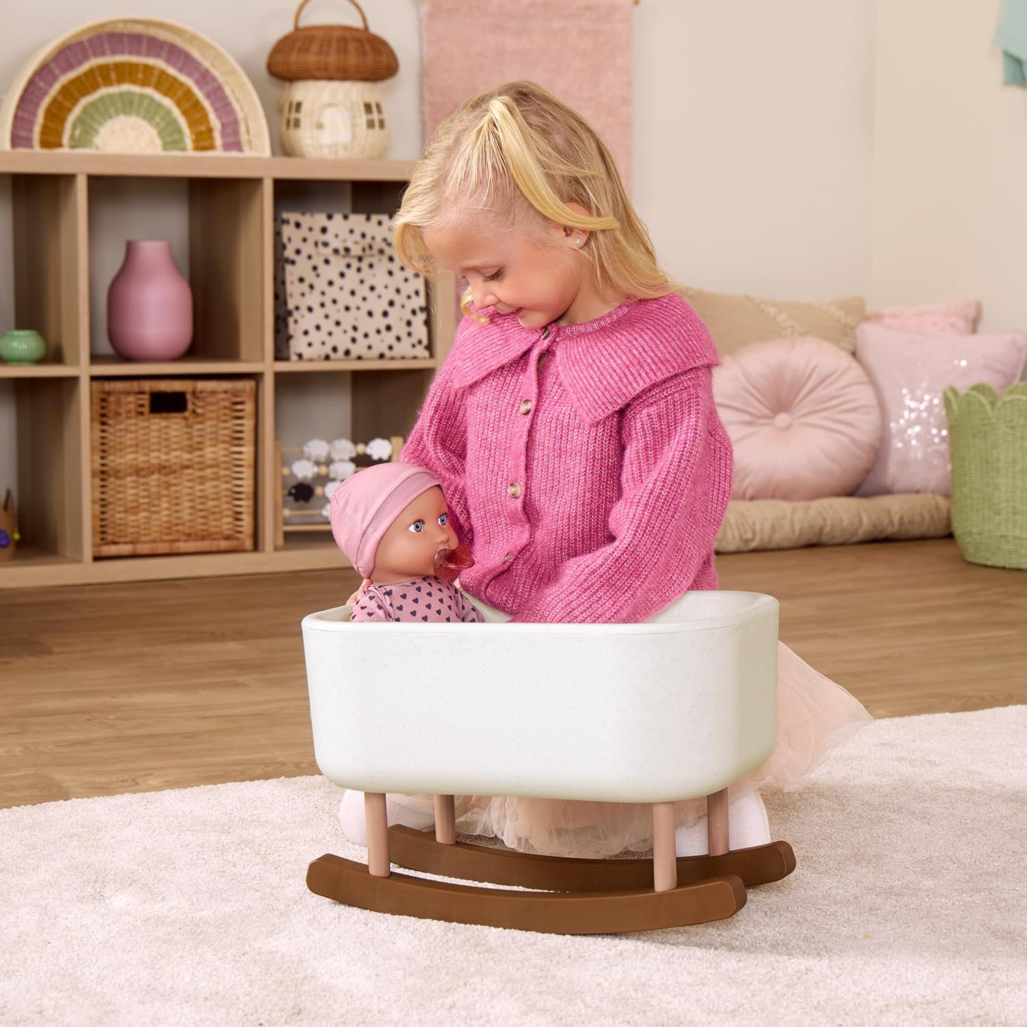 LullaBaby – 14-Inch Realistic Baby Doll with Rocking Cradle Accessory – Fair Skin Tone & Gray Eyes – Pretend Play 2+ Years– Baby Doll & Rocking Bassinet Set