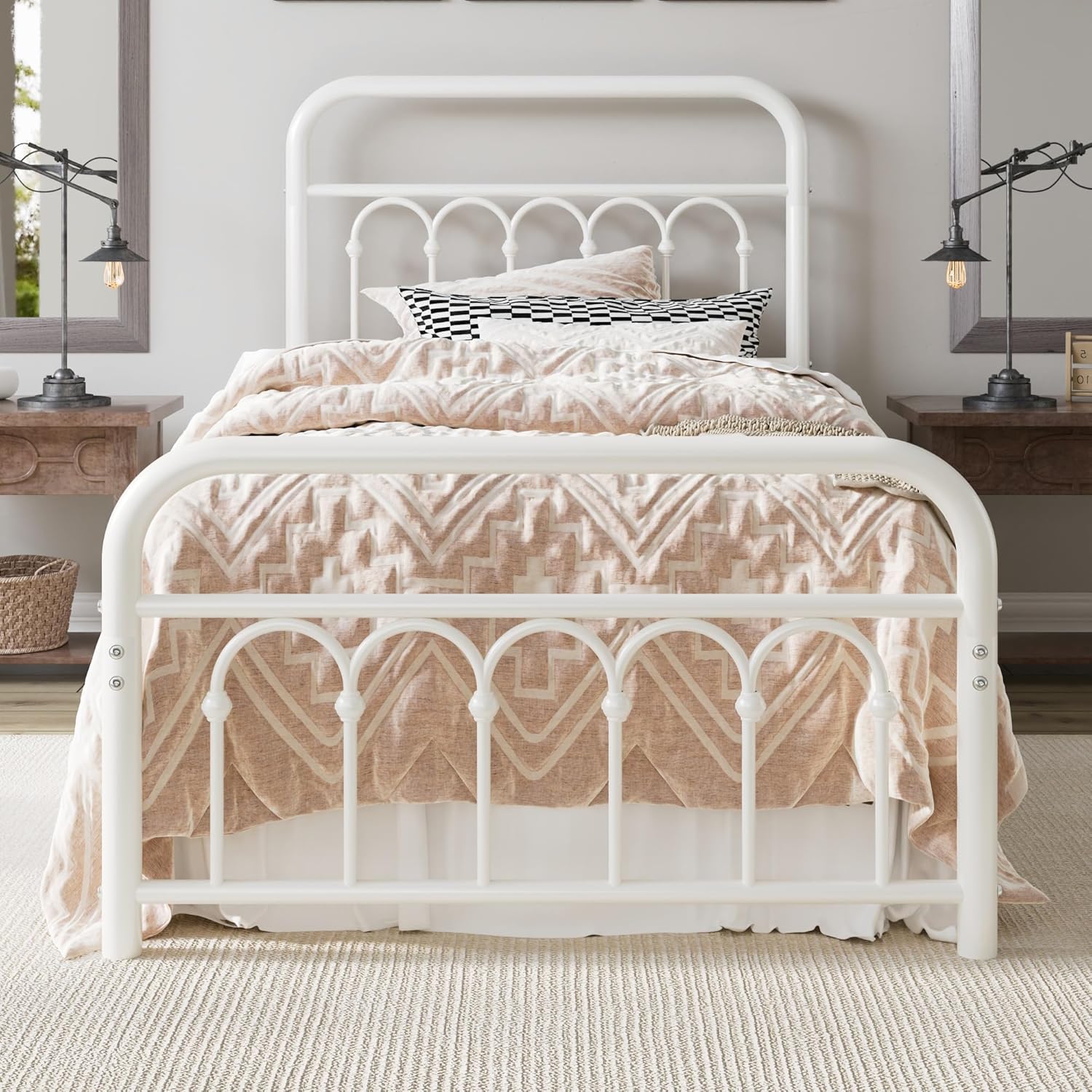 Allewie 14 Inches Twin Size Metal Platform Bed Frame with Victorian Style Curved Iron-Art Headboard/Footboard, Metal Slats Support, Easy Assembly, Under Bed Storage, No Box Spring Required, White