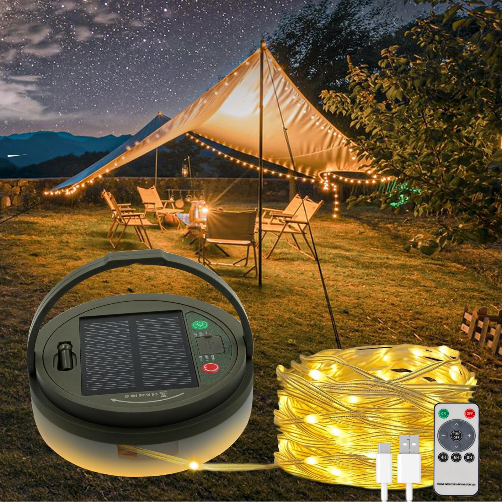 Guirlande lumineuse solaire de camping, télécommande 4 en 1, guirlande
