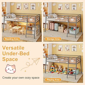 Lutown-Teen Low Metal Twin Loft Bed with Ladder and Guard, Grey