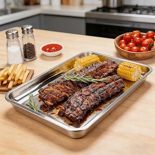 Miniatura 6 de Juego de 2 bandejas para hornear, bandejas grandes de acero inoxidable de 15 x 11.8 x 1 pulgadas, bandejas grandes y gruesas para hornear, fáciles
