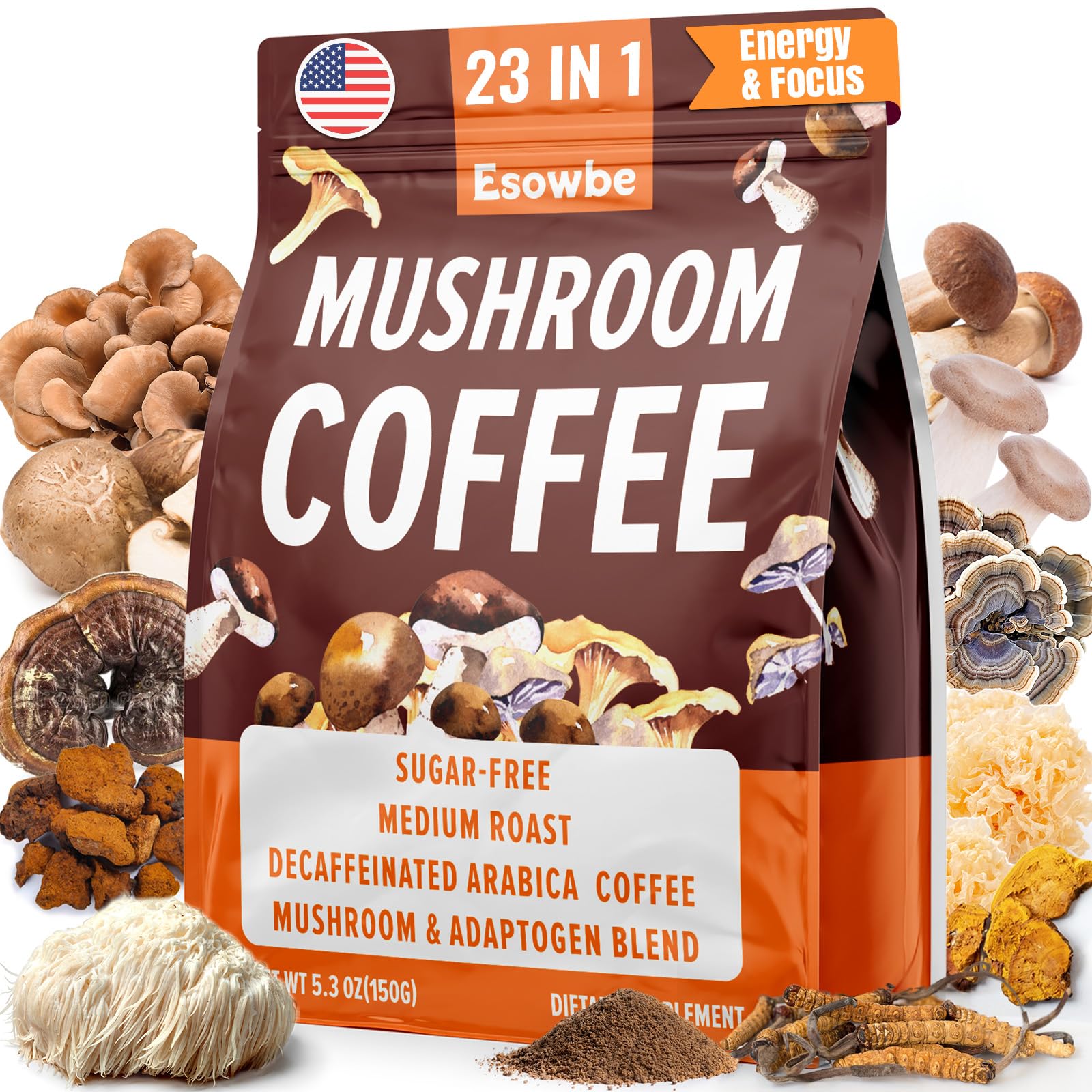 Mushroom Coffee, 23 IN 1 Instant Mushroom Coffee - Zero Sugar, 5.3 oz