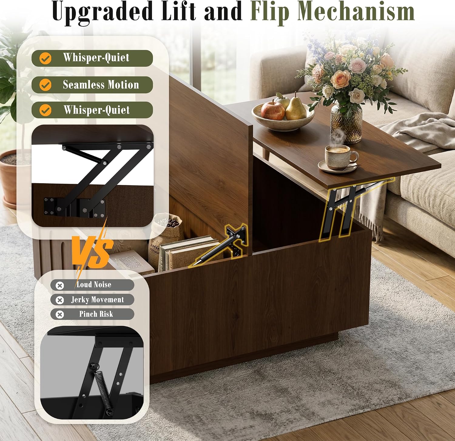 MAGIC UNION Lift Top Coffee Table with Storage for Living Room, Fluted Mid Century Modern Square Coffee Table with Flip-Up Lids, 31.5" Rustic Wood Center Table with Hidden Compartment, Walnut