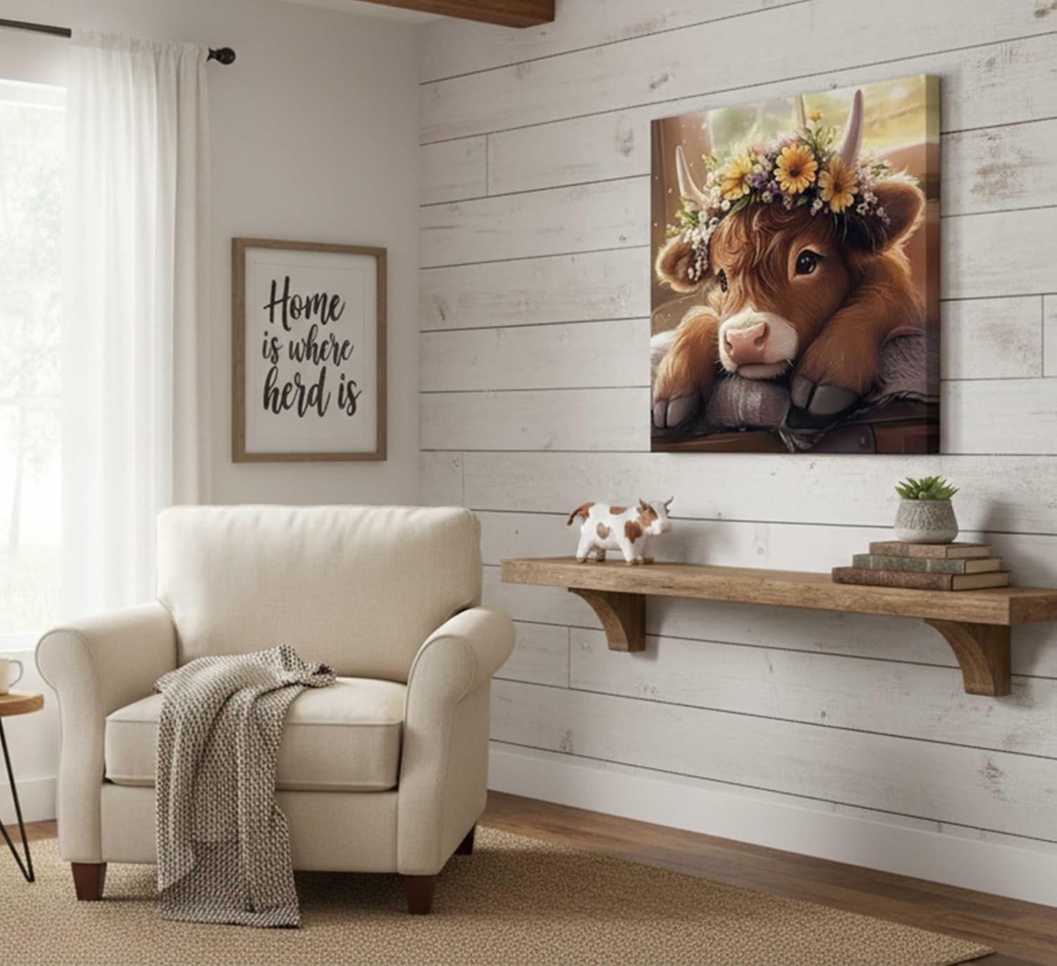hijyord Cute Highland Cow Baby Canvas Wall Art Rustic Farmhouse Brown Daisy Calf Painting Picture Wall Decor Poster Printing Artwork for Bedroom Living Nursery Room Baby Room Home Decoration