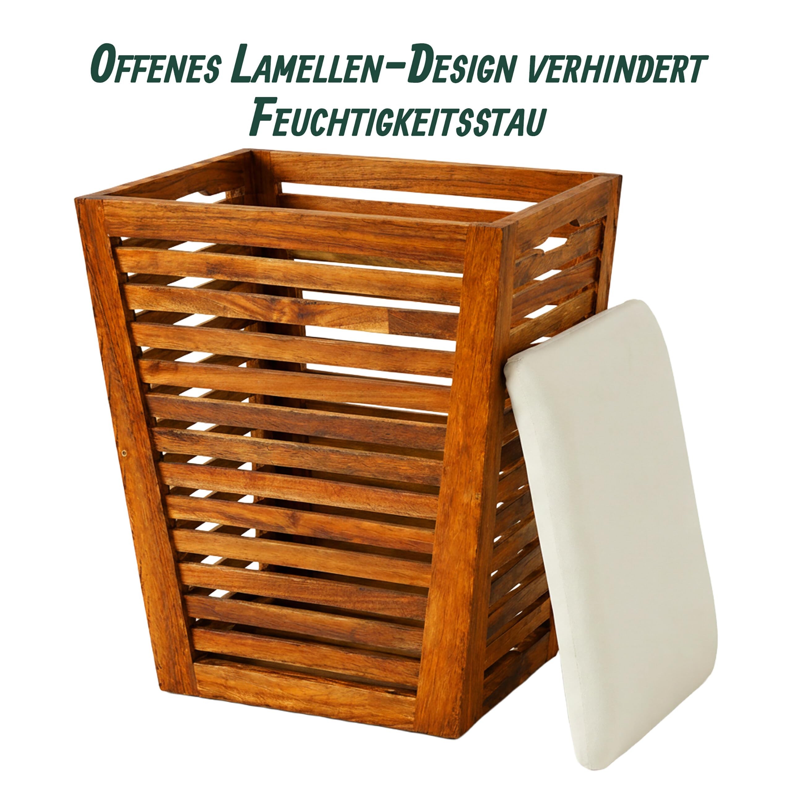 Relaxdays Wäschekorb mit Sitz, Badbank mit Stauraum, 50 l Wäschesammler, HBT 56x40x40 cm, Akazienholz, Stoff, braun/weiß