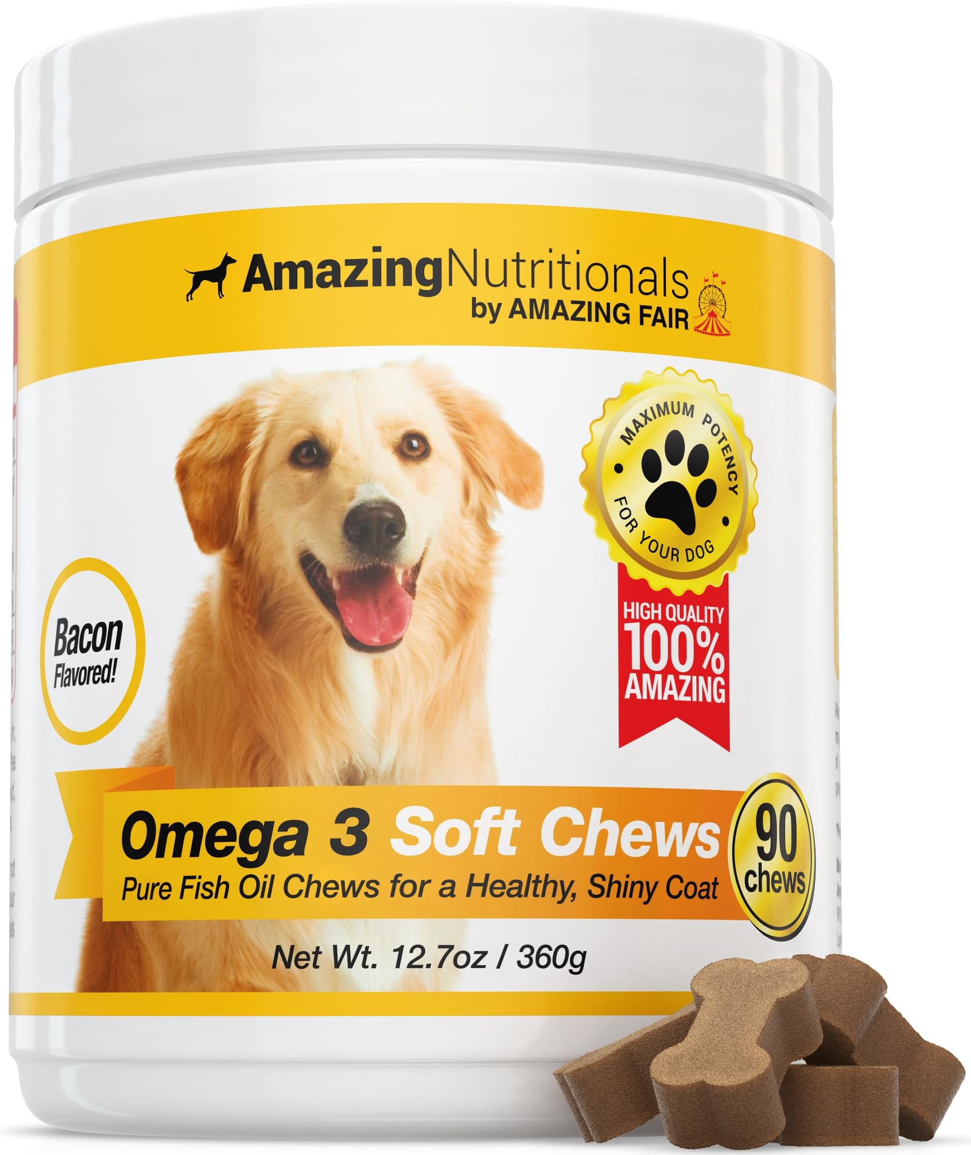 - Amazing Omega 3 for Dogs - Omega 3 Fish Oil for Dogs Supplement for Itchy Skin Relief for Dry Skin and Hot Spots and Shedding Coat with EPA and DHA Fatty Acids - 90 Bacon Soft Chews