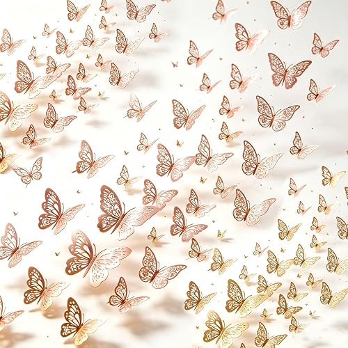 Nelotaor 144 Pcs Butterfly Wall Decor, 3 Styles 3 Sizes 3D Butterfly, Wedding Decorations, Birthday Party Decorations, Girls Bedroom Decoration (144 Pcs, Gold and Rose Gold)