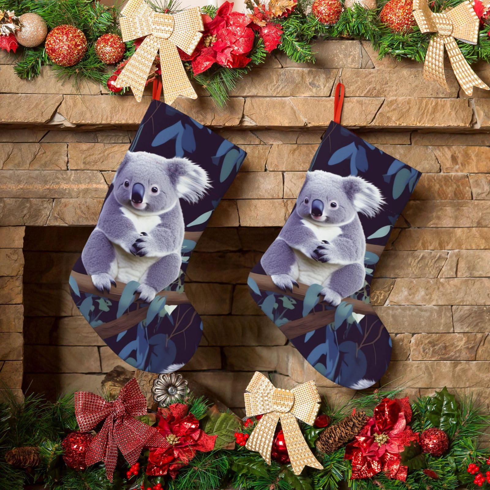 KLOPH Christmas Stockings 18" Personalized Xmas Stocking Lovely Koala Decoration Stocking Hanging Fireplace Stocking for Holiday Xmas Tree Christmas Fireplace Decor