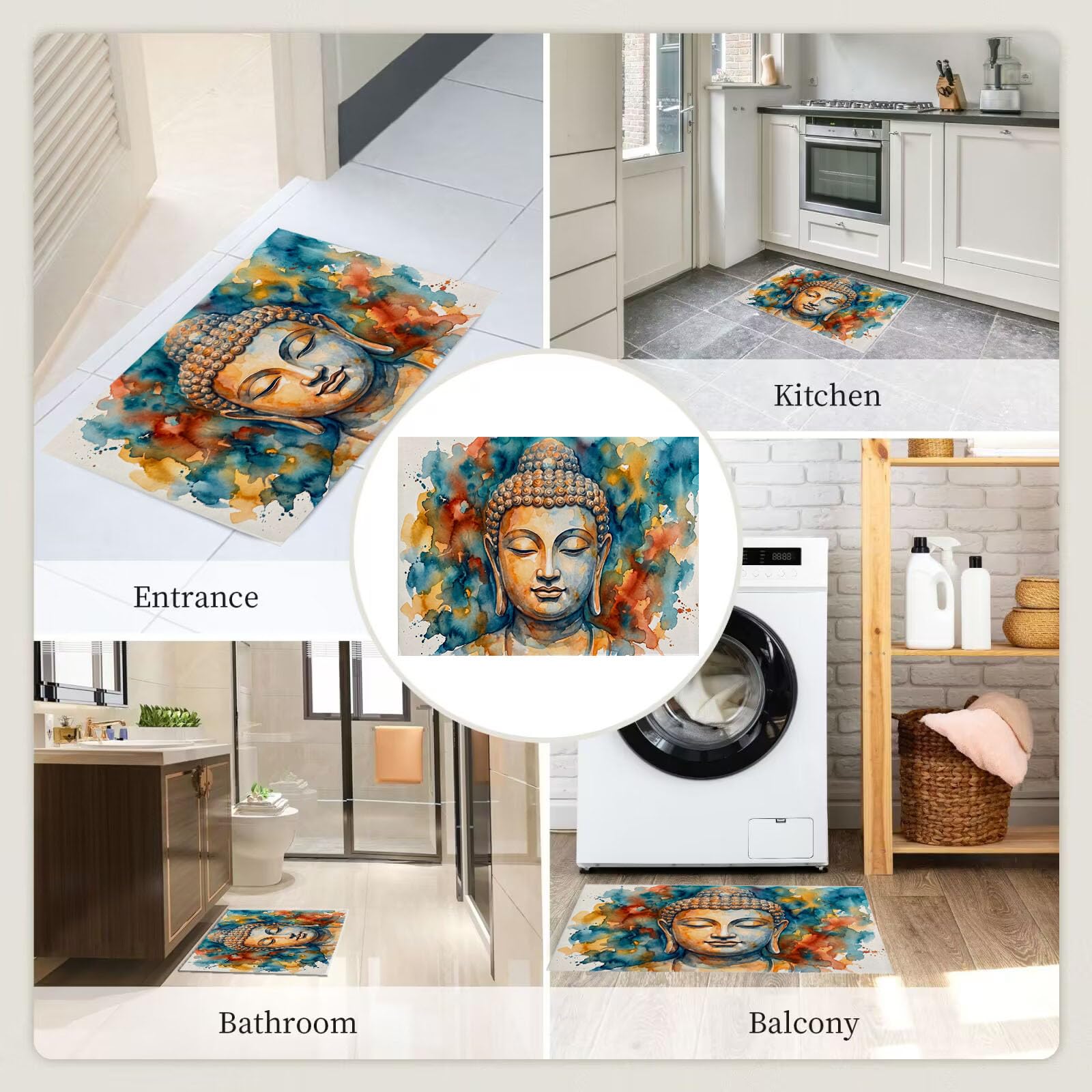 Zerbino Ingresso Interno 80X120Cm Scultura Zen Schizzi D'Inchiostro Tappeto Lavabile Antiscivolo Meditazione Tradizionale Passatoia Corridoio Sottile Zerbino Per Porta Di Casa Cucina Ufficio,Beige
