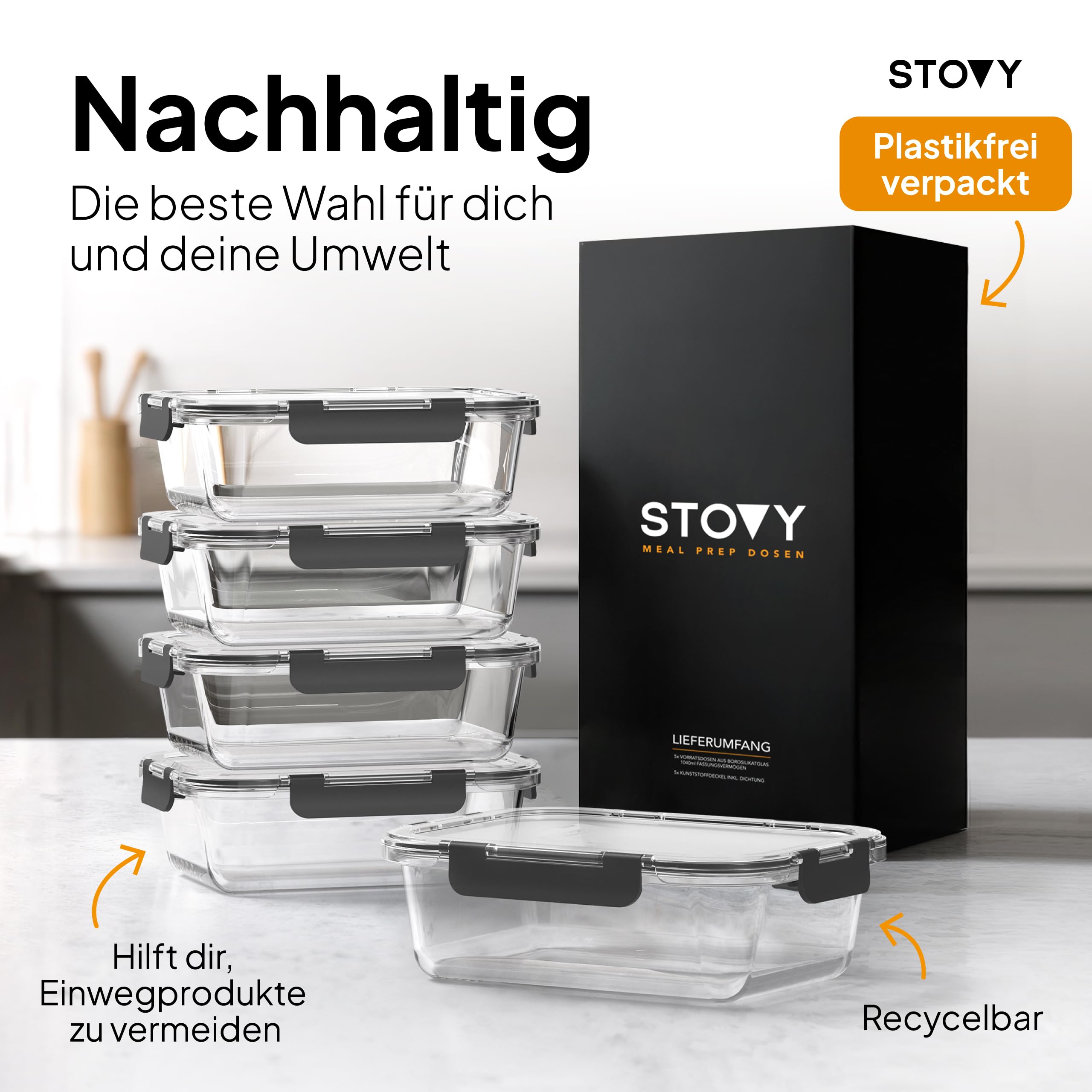 STOVY® Meal Prep - Contenitori in vetro con coperchio, 5 x 1040 ml | Ideali per pasti completi, contenitori salvafreschezza adatti per lavastoviglie, microonde e congelatore