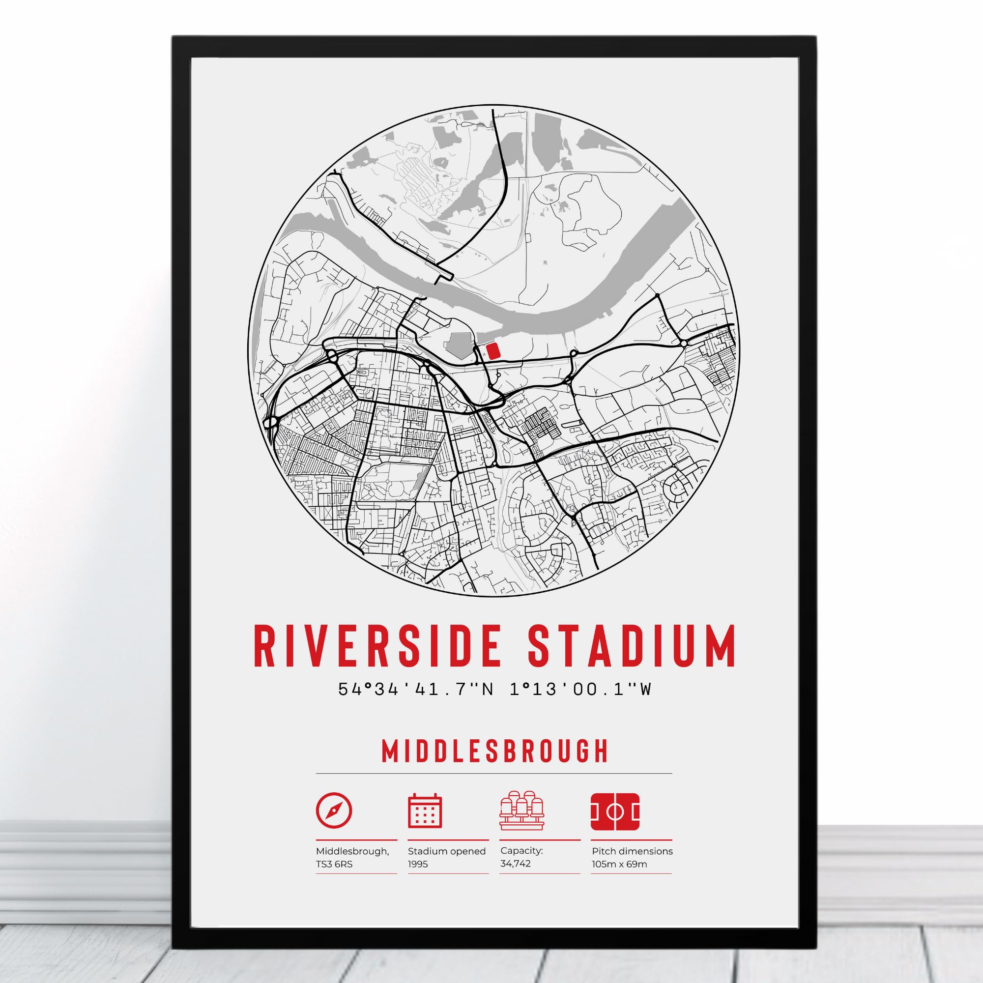 Boro Riverside Stadium Map | Framed & Print Only Available | Middlesbrough Minimalist Gift FC Football Fan Poster Art Artwork Gift For Him Memorabilia | Father's Day Christmas Birthday
