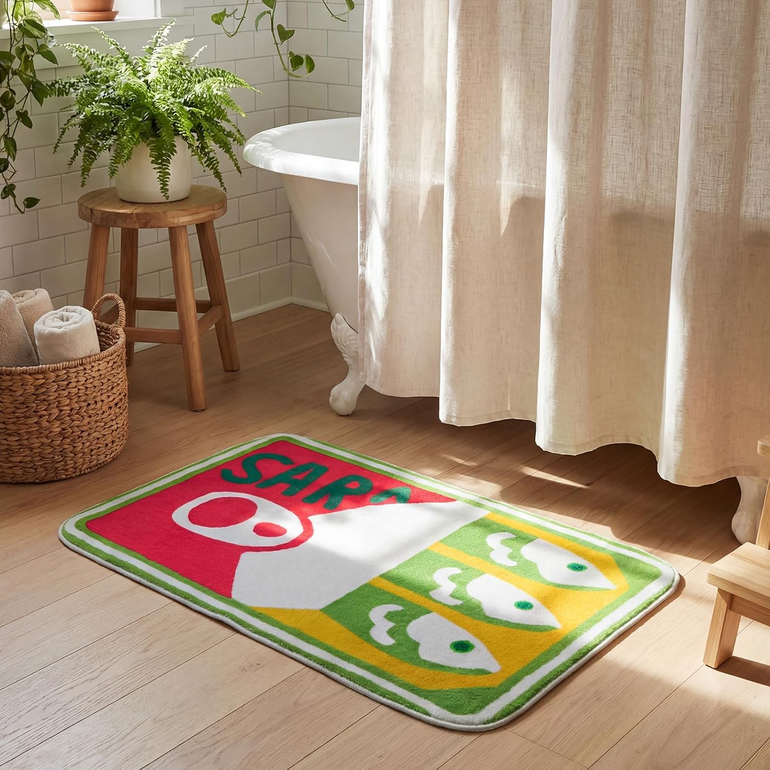 Tinideya Sardine Can Bath Mat, Tufted Rugs for Bathroom Bedroom Soft Washable Rug Non-Slip Cute Kitchen Bath Mats with Funny Cartoon Fish(Pink and Green)