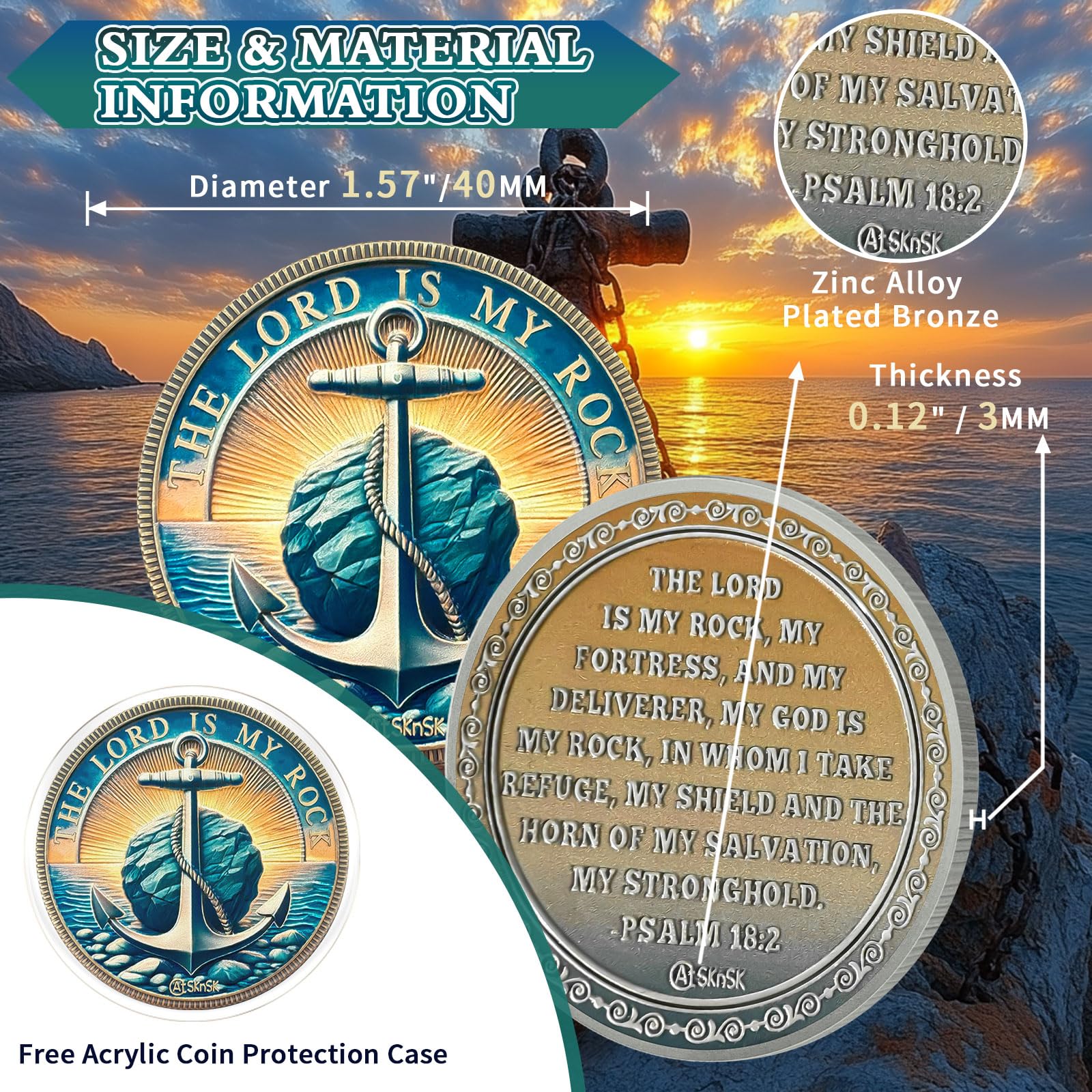 Anchor Stone Christian Challenge Coin, Psalm 18:2 Bible Verses Coin - Christian Prayer Pocket Token - Religious Gifts for Men Women - Image 4