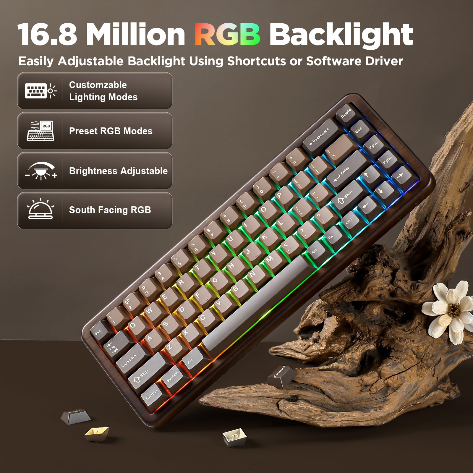 YUNZII WOOD68 Bezprzewodowa Klawiatura Mechaniczna, 68% Layout Drewniana Klawiatura Gamingowa, BT/2.4G/USB-C, Podświetlenie RGB (Brown, Candy Linear Switch)