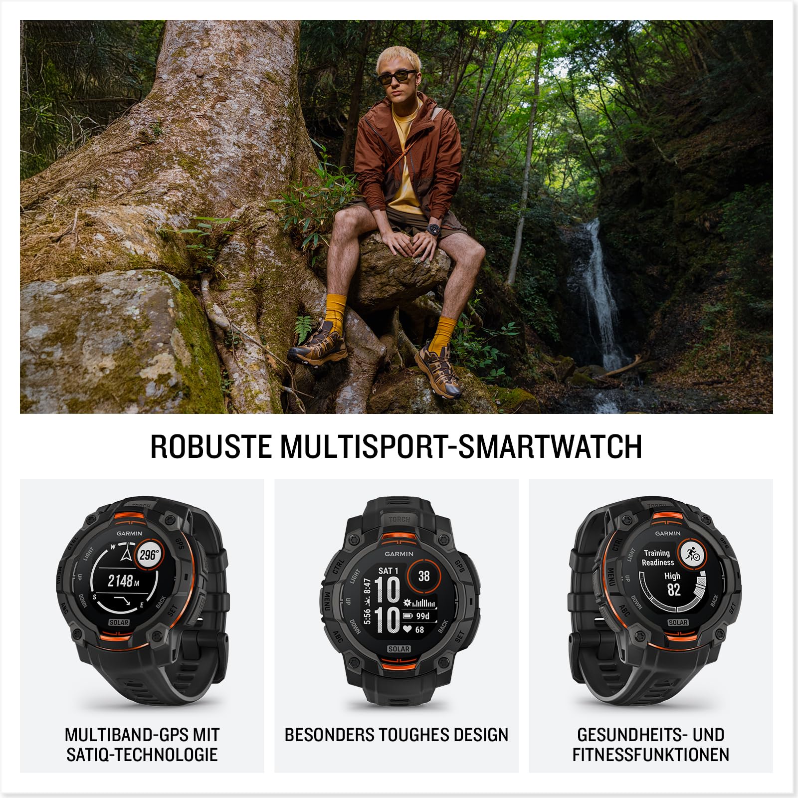 Garmin Instinct 3, Solar 45mm Rugged GPS smartwatch, Black | Solar charging,built in sports & health apps, LED flashlight, shock resistant,10ATM,unlimited battery life w/ Solar charging