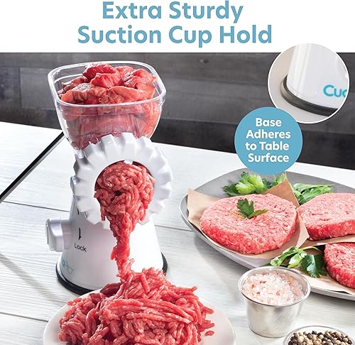 Miniatura 3 de Picadora manual de carne – Picadora con 2 platos de acero inoxidable, accesorio de salchicha, prensa, base de succión resistente y diseño apto para