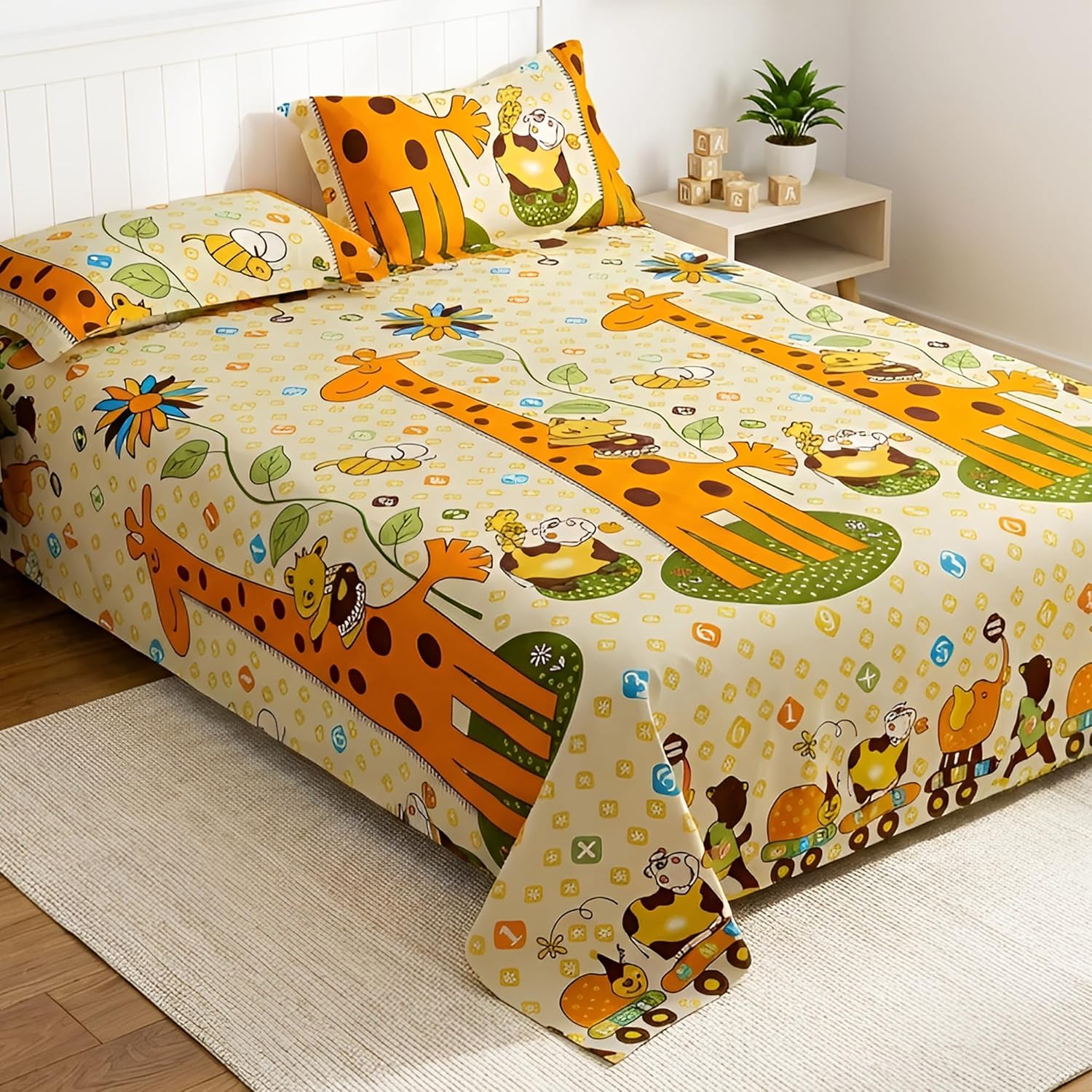 Story@Home Kids Double Bed Bedsheet Set – 180 TC Cotton Blend, Baby Animals Design in Cream & Orange – 225 x 250 cm with 2 Pillow Covers – Soft Bedding for Boys & Girls | Kids Bed Sheet for Double
