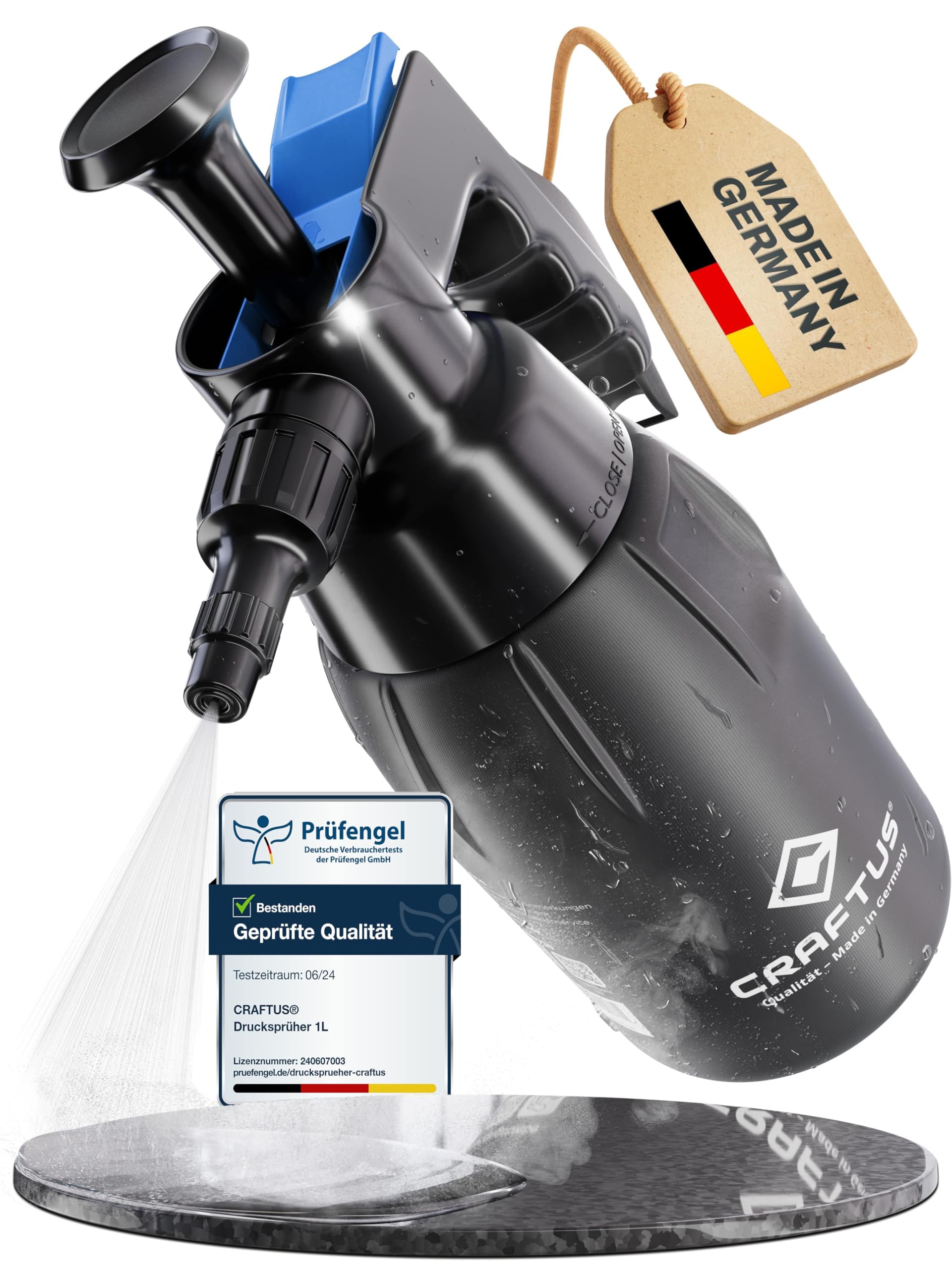 CRAFTUS® Drucksprüher 1L für gleichmäßige Verteilung von Flüssigkeit I Pumpsprühflasche für Haushalt & verdünnte Reiniger [EPDM] I Pumpflasche mit Überdruckventil & Verstellbarer Düse