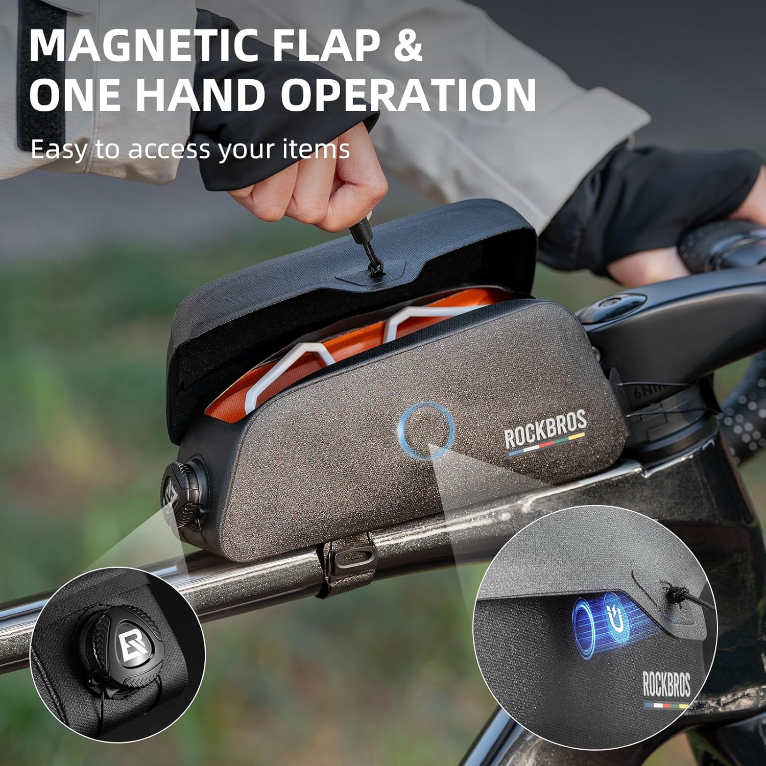 ROCKBROS bike frame bag with Magnetic Flap bike top tube bag Waterproof Cycling Pouch Tools Storage Bag for mountain Road bike - Image 3