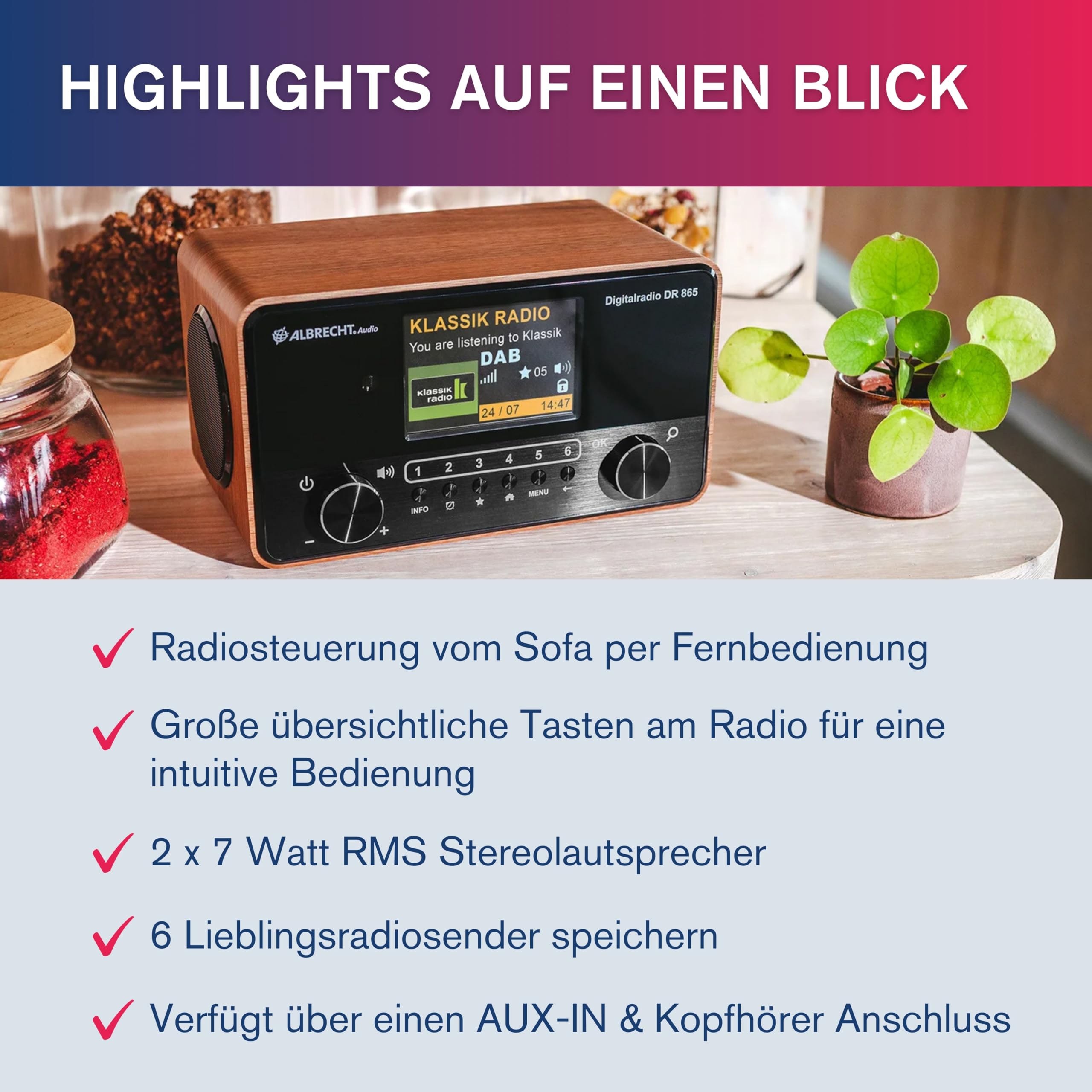 Albrecht DR 865 Senioren-Radio mit 4" Farbdisplay, rauschfreies DAB+ Digital-Radio mit brillantem Klang, seniorengerechte Bedienung, Kompakt-Anlage, mit ASA-Warnmeldungen