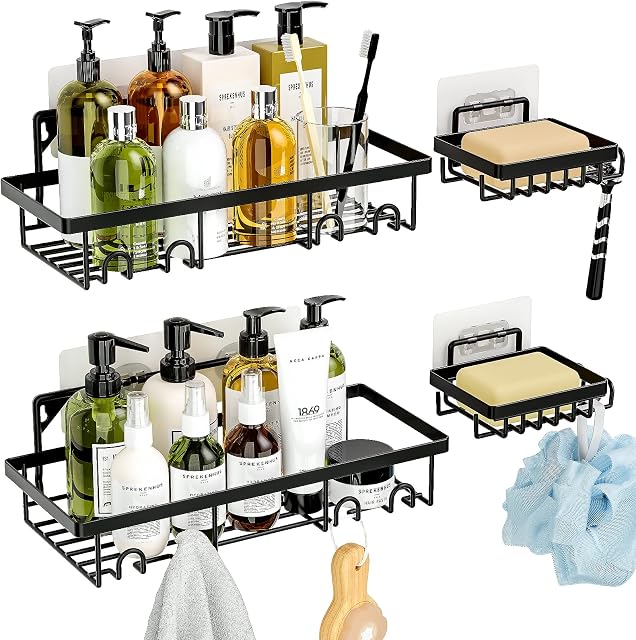 HapiRm Shower Caddy Shower Holders for Soap and Shampoo, Black Shower Shelf 4 Pack Adhesive Shower Caddy No Drill and Drillable with Screws, 2 Shower Shampoo Holder + 2 Shower Soap Holder, Rust Proof