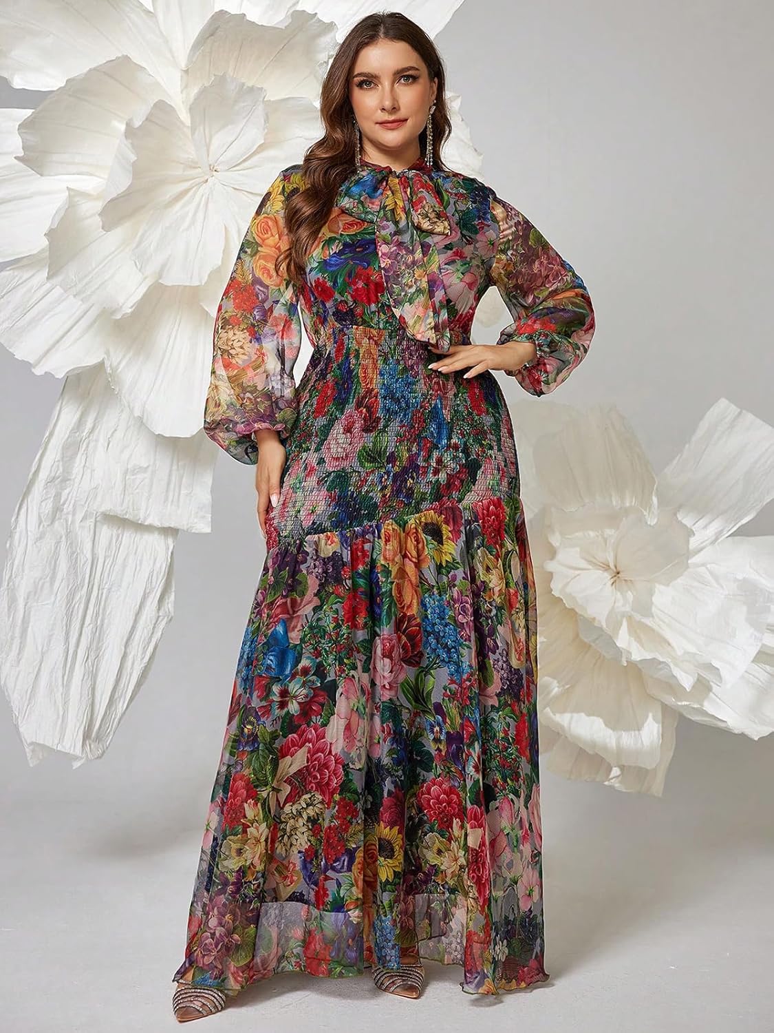 Spring Summer 2026 Plus Size Womens Dresses V Neck Casual Elegant Long Sleeve Floral Print Maxi Dress - Image 4