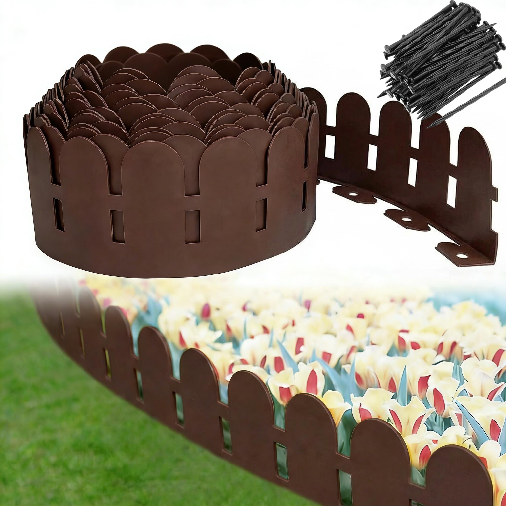 15M Garden Edging Borders, Plastic Landscape Edging [Extra Tall 14.2cm High] Garden Borders, Tool-Free Flexible Edging Kit with 75pcs Anchoring Spikes for Home Lawns, Yards, Flowerbeds, Brown