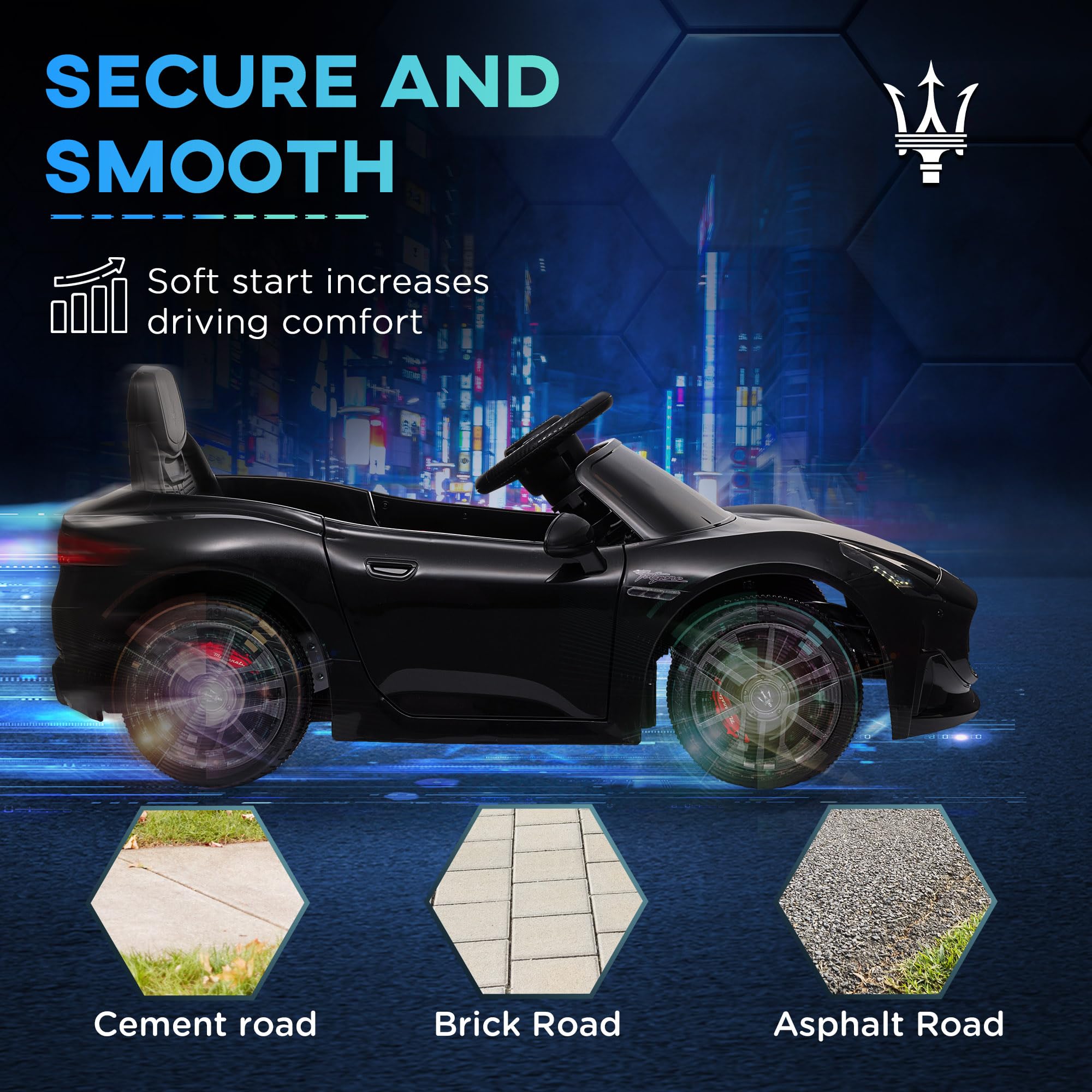 AIYAPLAY Maserati Gran Turismo Folgore con licenza elettrica per bambini, veicolo elettrico a 12V con telecomando 2.4G, fari a LED, musica, clacson, MP3, auto per bambini da 3 a 5 anni, nero