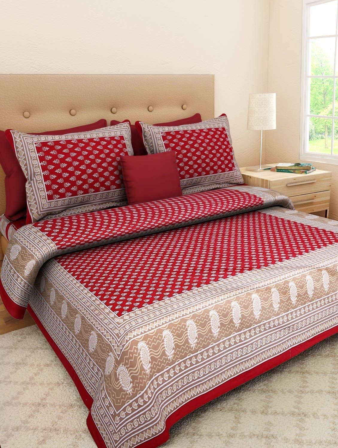 King Size Bedsheet | Cotton Flatsheet King Size with Two Pillow Covers| Super Soft Bed Sheet for King Size Bed | Floral Design (216x 232 cm, Off White & Red)-image-39