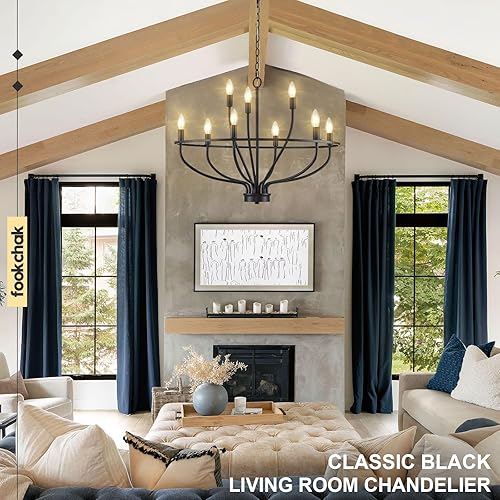 Miniatura 4 de Lámpara de araña negra de 9 luces, lámpara clásica para colgar sobre la mesa para comedor, sala de estar, dormitorio, vestíbulo, isla de cocina