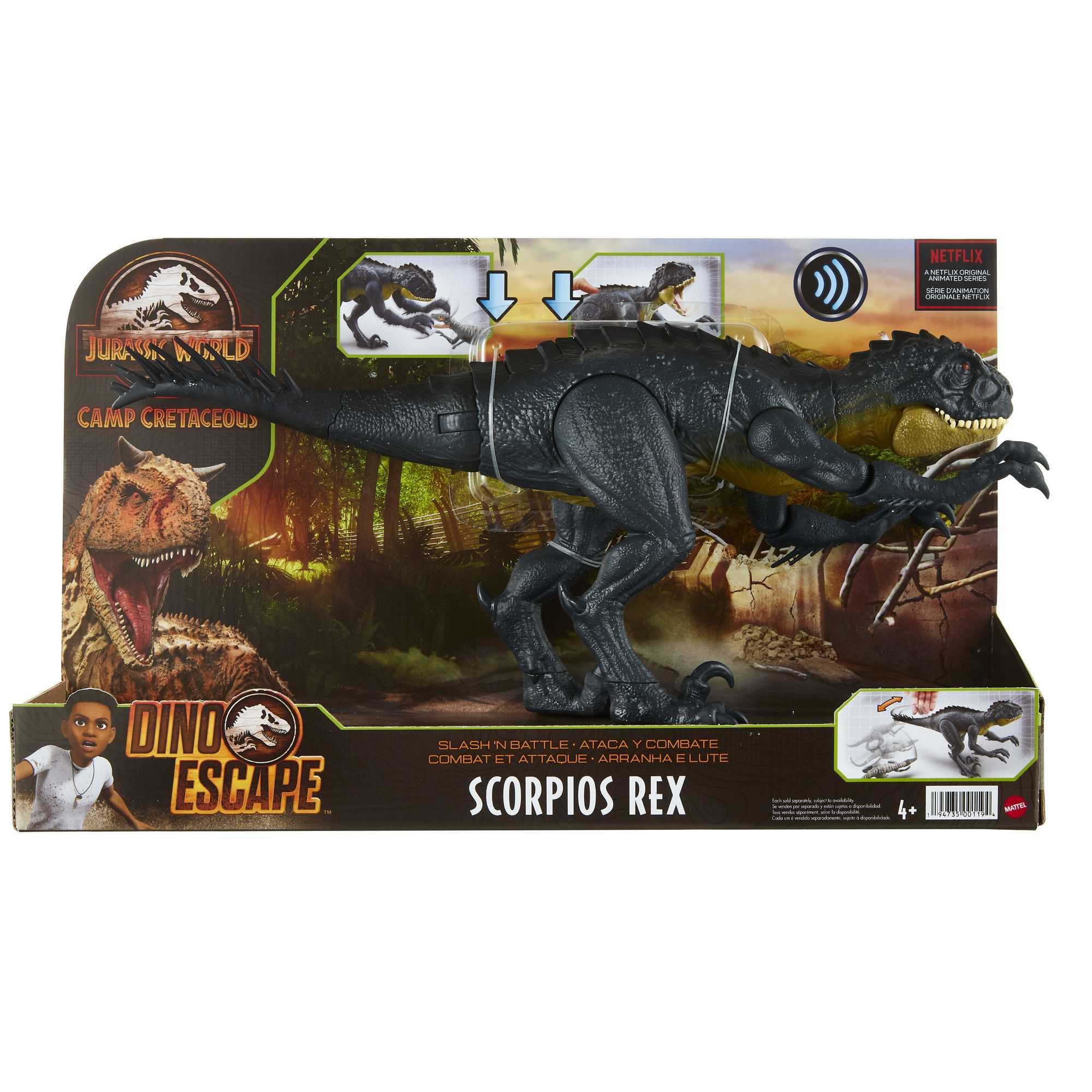 Jurassic World - Stinger Dino Attacca e Colpisci, dinosauro con azioni d'attacco e ruggito, bocca e artiglio mobili e pulsante per attivare la coda sferzante, giocattolo per bambini, 4+ anni, HCB03