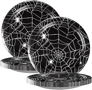 24Pcs Halloween Spider Web Paper Plates Party Supplies Black White Spiderweb Dinner Plates Disposable Tableware Decorations Dessert Dinnerware for Halloween Festive Carnival Party Decor