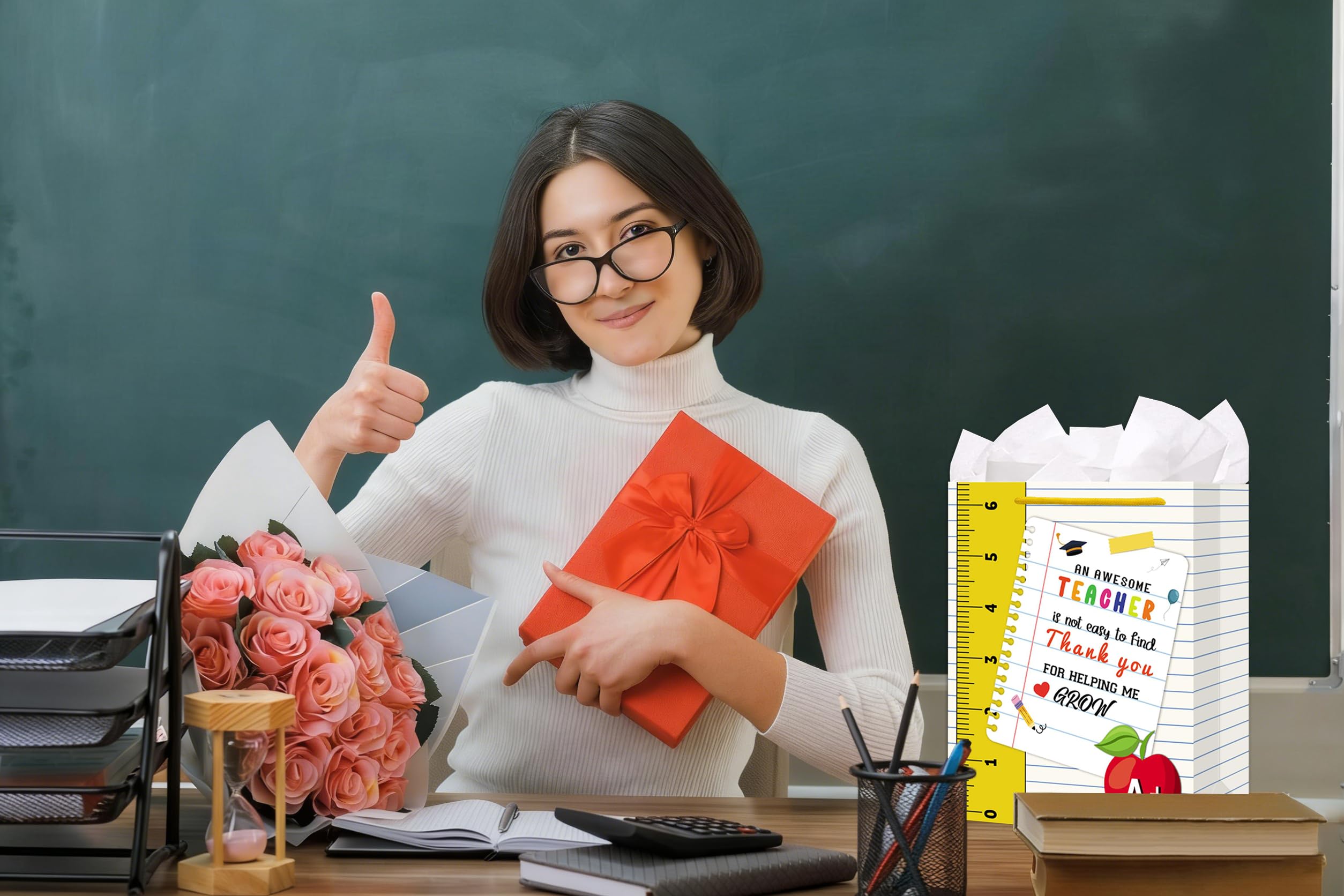 LIJUGITF Teacher Appreciation Gift Bag with Tissue Paper, 13" Large Thank You Gift Bag for Teacher Appreciation Week, End of Year, Graduation, Back to School Supplies, Paper Gifts Wrapping Bags