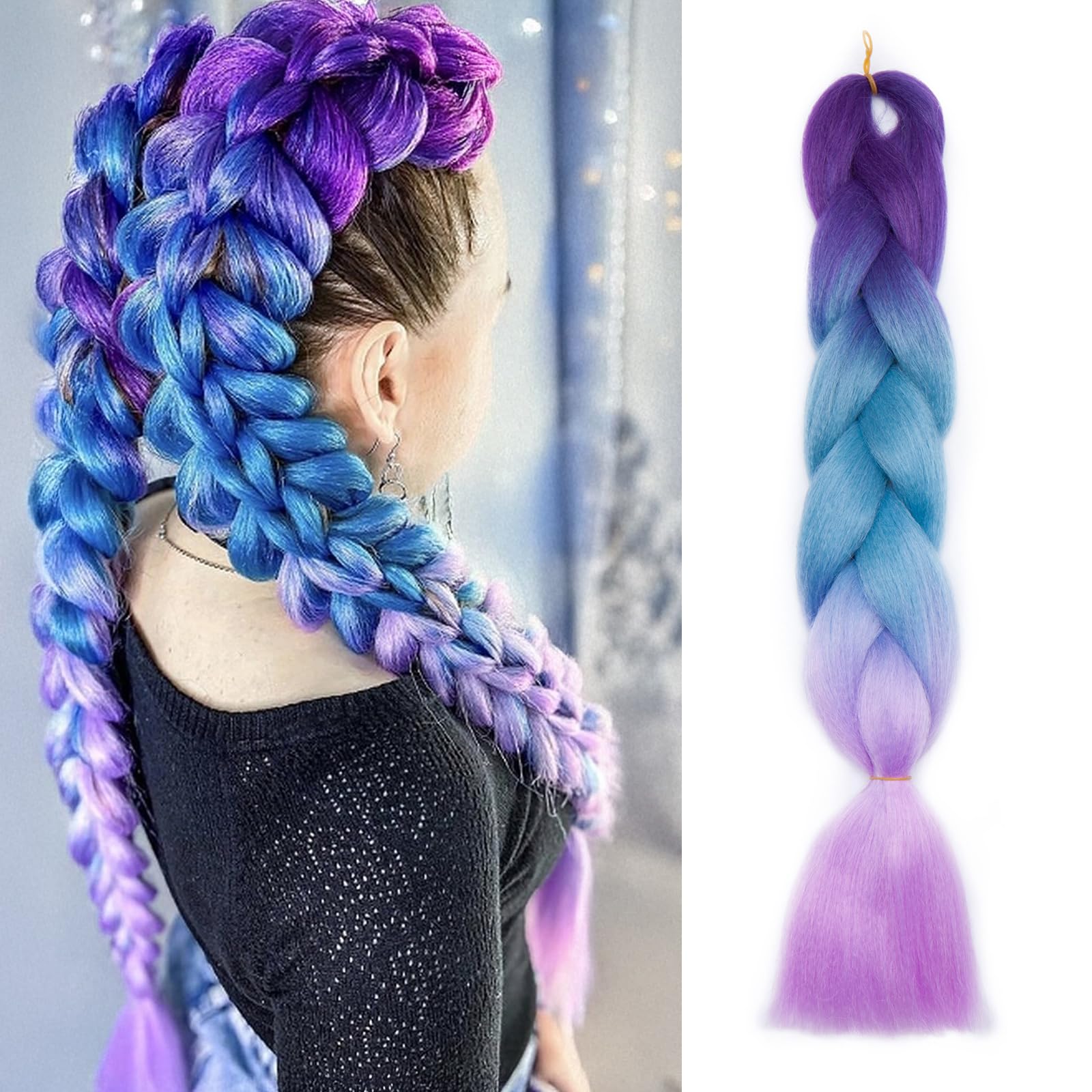 TESS K-Pop Rumi's Signature Purple Braiding Hair for Girls UK 24 Inch Cosplay DIY Pre Stretched Hair Extensions #6 Dark Purple & Light Brown & Light Blue
