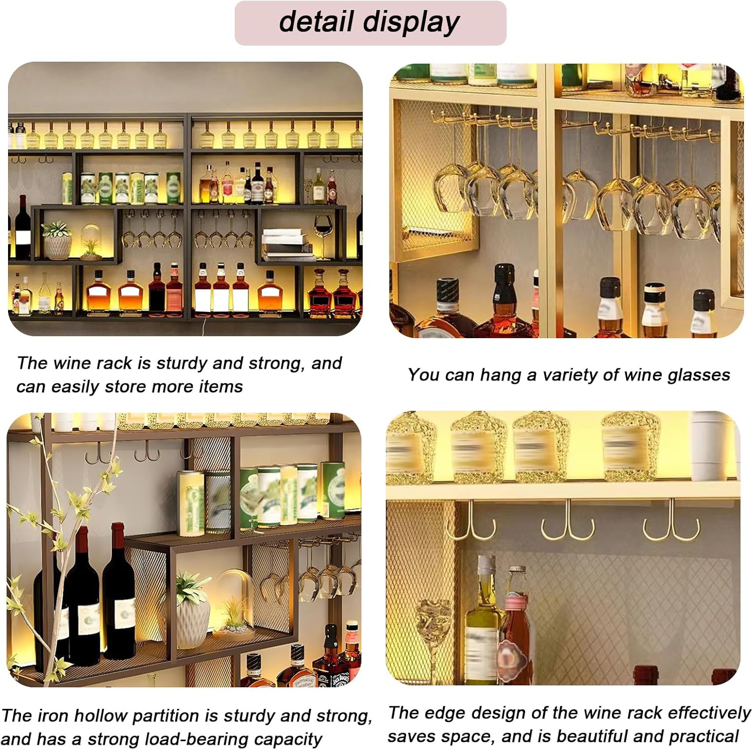 59.1in Wall Mounted Wine Rack, 4 Tier Wall Mount Bottle Rack with Glass Holder, Industrial Metal Floating Bar Liquor Bottles Display Storage Shelf for Dining Room, Kitchen (Black, A,59.1in)
